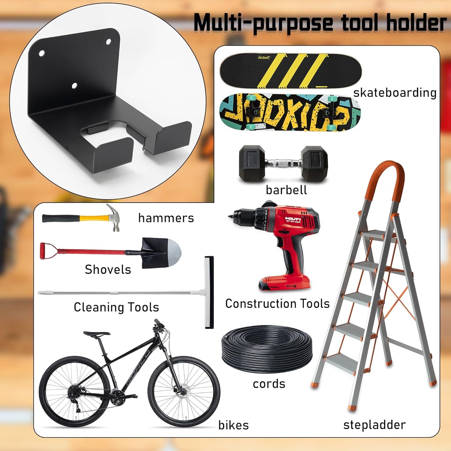 Weedeater Hanger, 2 Pack Weed Eater Hanger for Garage Wall-mounted Organizer Trimmer Rack Storage for Grass Trimmer, Hedge Trimmer, Garage Wall, Garden Tools, Black