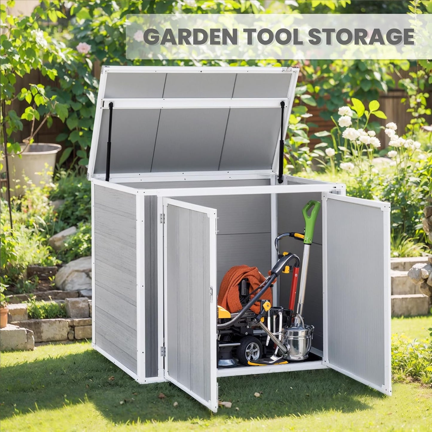 Horizontal Storage Shed 41 Cu.Ft, Lockable Outdoor Resin Cabinet for Garbage Cans, Lawn Mower & Garden Tools, Weather-Resistant Design for Patio or Backyard (Cold Gray)