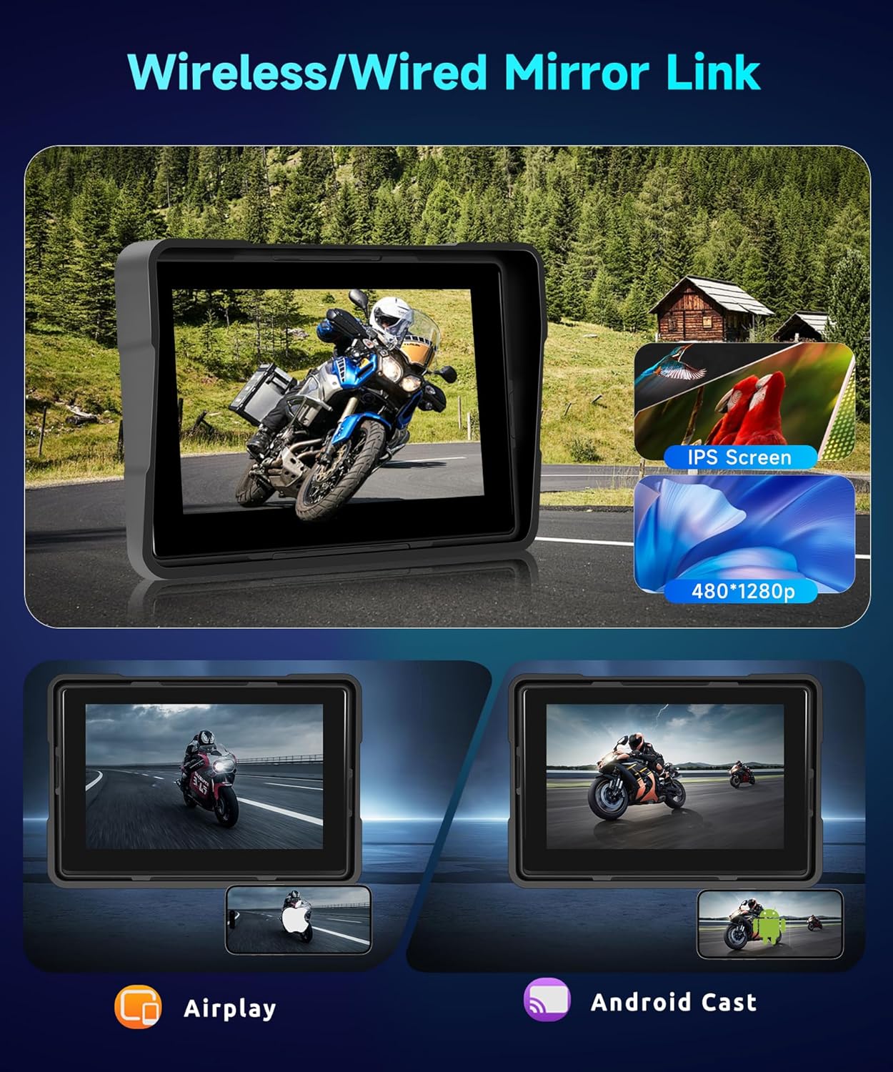 HD IPS Touch Screen Portable Wireless Apple Carplay Screen for Motorcycle &Wireless Android Auto GPS Navigation for Motorcycle,Car Play,Dual Bluetooth Waterproof,Siri Voice Control 5Inch for Motorbike