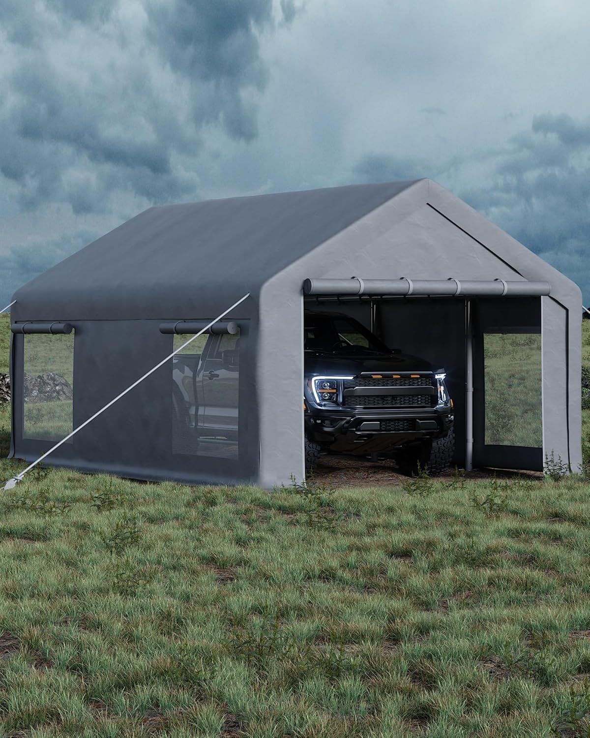 13x20 Ft Carport with 8 Sandbags, Car Port with 220g PE Tarp, 2 Roll-Up Doors, and 4 Windows, for Full-Size Pickups, Bass Boats, Tractors, and SUVs, Gray