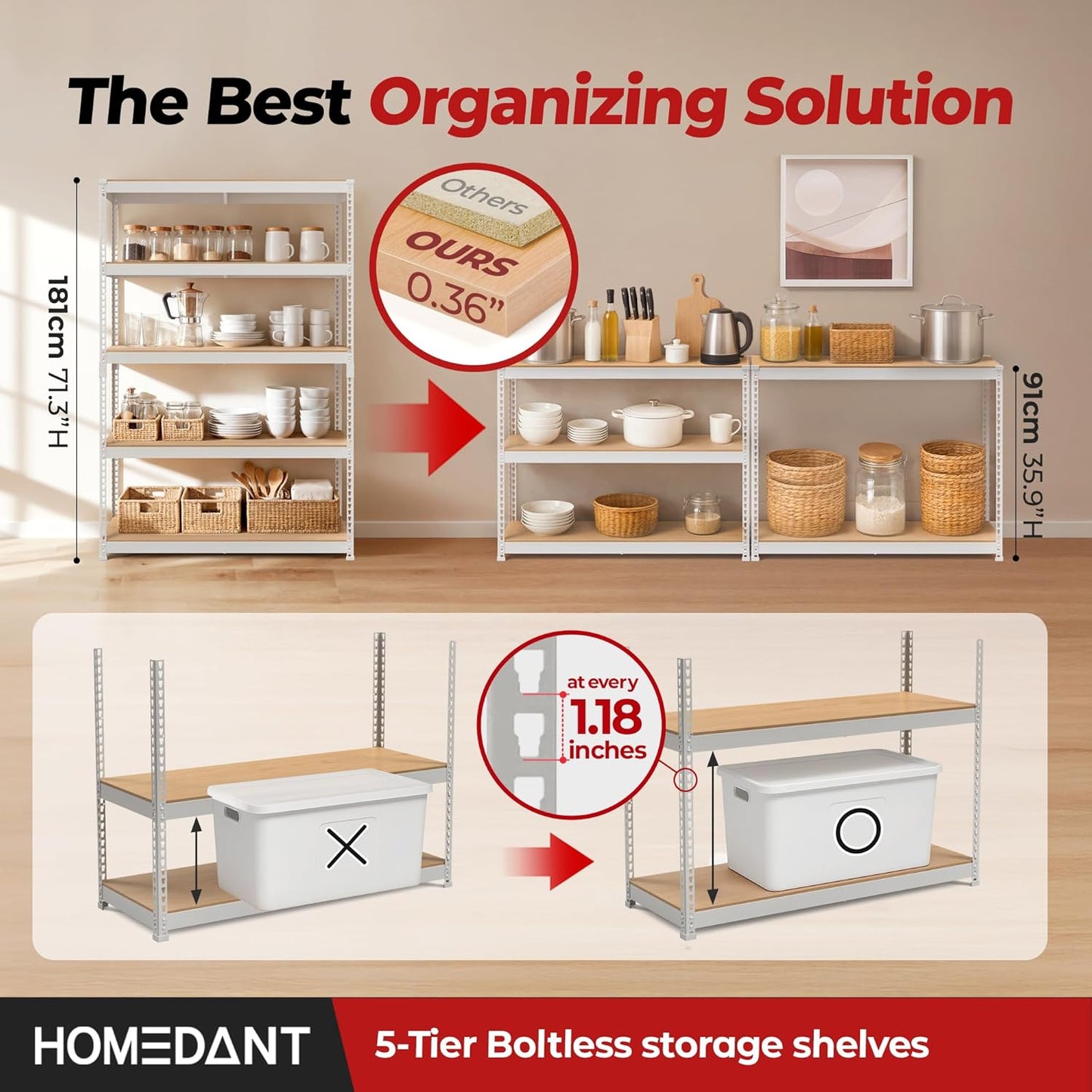 HOMEDANT White 5 Tier Laminated Boltless Heavy Duty Garage Storage Adjustable Wide Size Metal Shelving Unit Utility Rack Shelves Organization Shelf Shed Warehouse 47.7" W x 24.1" D x 71.3" H 3Pack