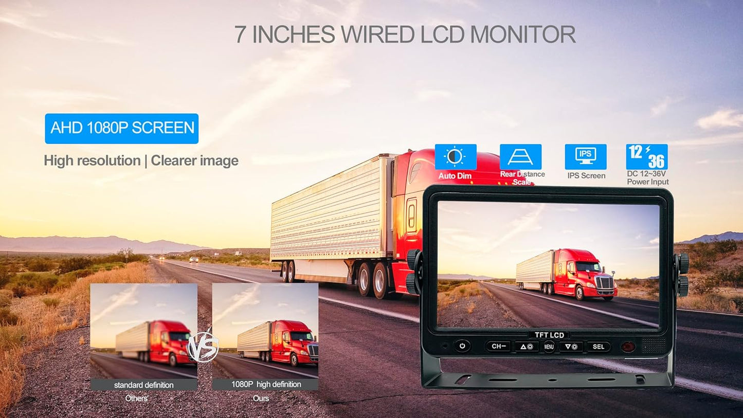 AHD 720P, Super Clear, 7" Wired Monitor Rear View Backup Camera System for Farm Tractor, Truck, RV, Forklift, Heavy Equipment, EXCAVTORS, Skid Steer