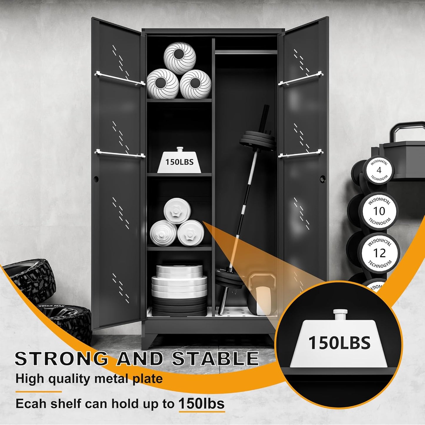 Metal Garage Storage Cabinet, Kitchen Pantry with Doors and Shelves, Broom Organizer Storage Tool Racks,Cleaning Cabinet with Stainless Steel Leak (H71* D16.53*L31.5in)