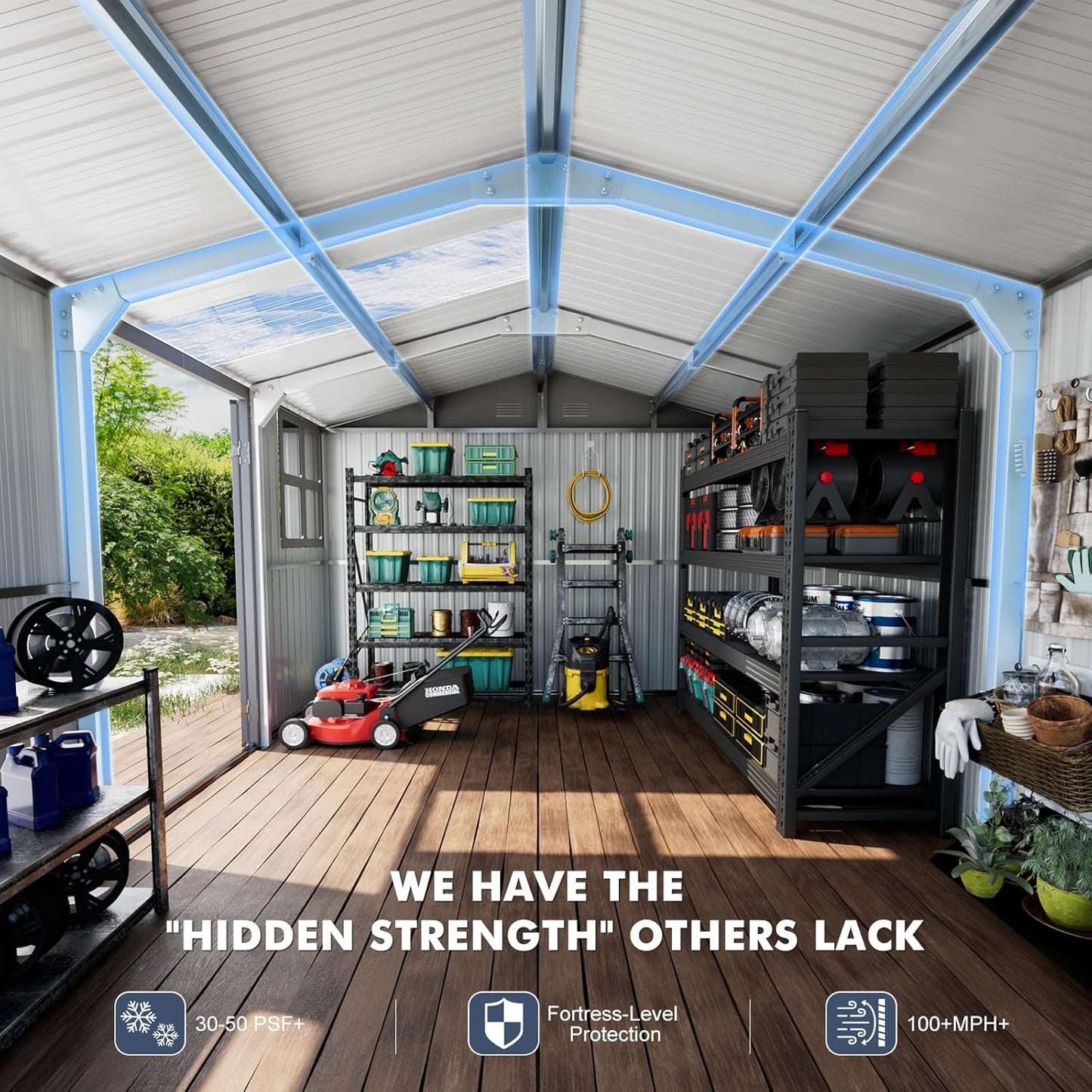 12x10 FT Metal Shed Heavy-Duty, Outdoor Storage Garden Sheds with Reinforced Steel Frame & Customizable Skylight, Weatherproof Galvanized Tool Tiny House for Backyard, Patio, and Lawn