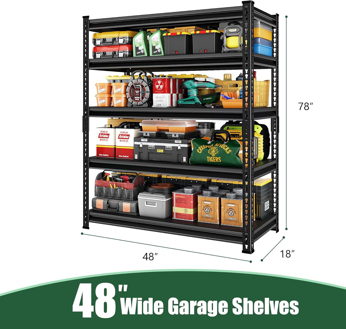48" W Garage Shelving Heavy Duty，2500LBS Loads Adjustable Garage Storage Shelves, 5-Tier Metal Shelving Units and Storage Racks Heavy Duty, 48”W x 18”D x 78”H，Black…