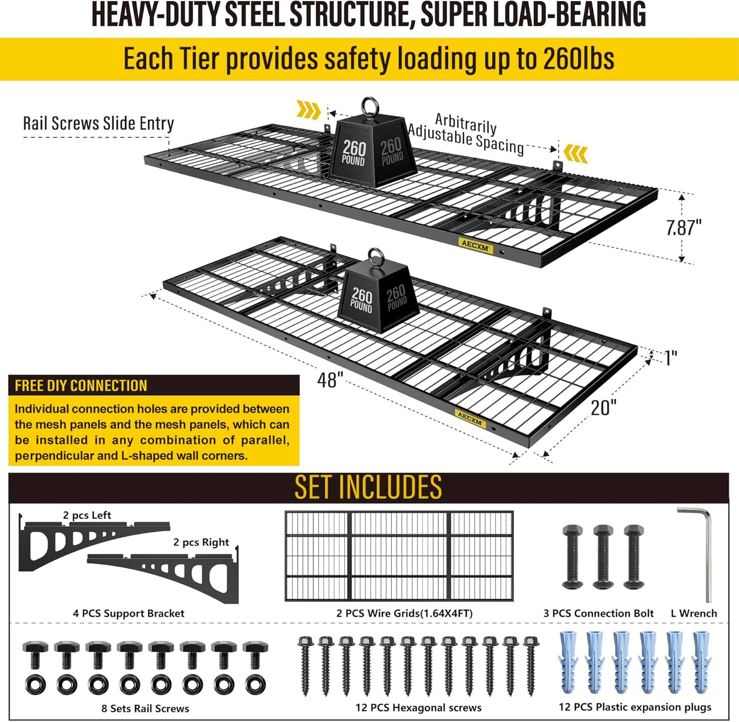 1.64x4ft 2Pack Wire Shelving Unit Heavy Duty Garage Storage Shelves Wall Mounted Black 560lbs Load Capacity（20-inch-by-48-inch）