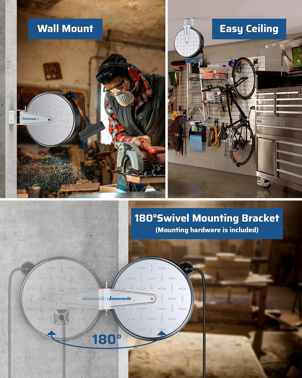 DEWENWILS 30 Ft Retractable Extension Cord Reel, Ceiling/Wall Mount 16/3 Gauge SJTW Power Cord with 3 Electrical Outlets Pigtail for Garage and Shop, 10 Amp Circuit Breaker, Metal Plate, UL Listed