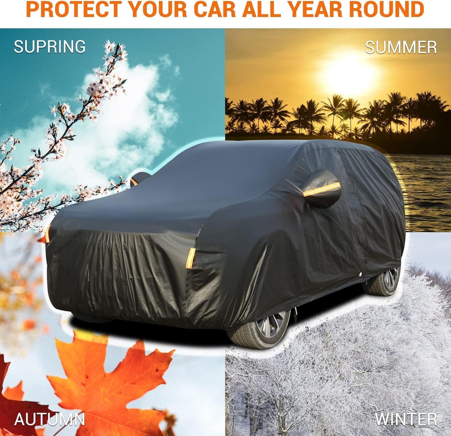 Tecoom Car Cover Waterproof All Weather, 3 Layers Car Covers for Automobiles with Lock/Zipper Door, Thick Fleece Lining UV Snow Rain Hail Protector Car Cover, Universal Fit for SUV (191-205 Inch)