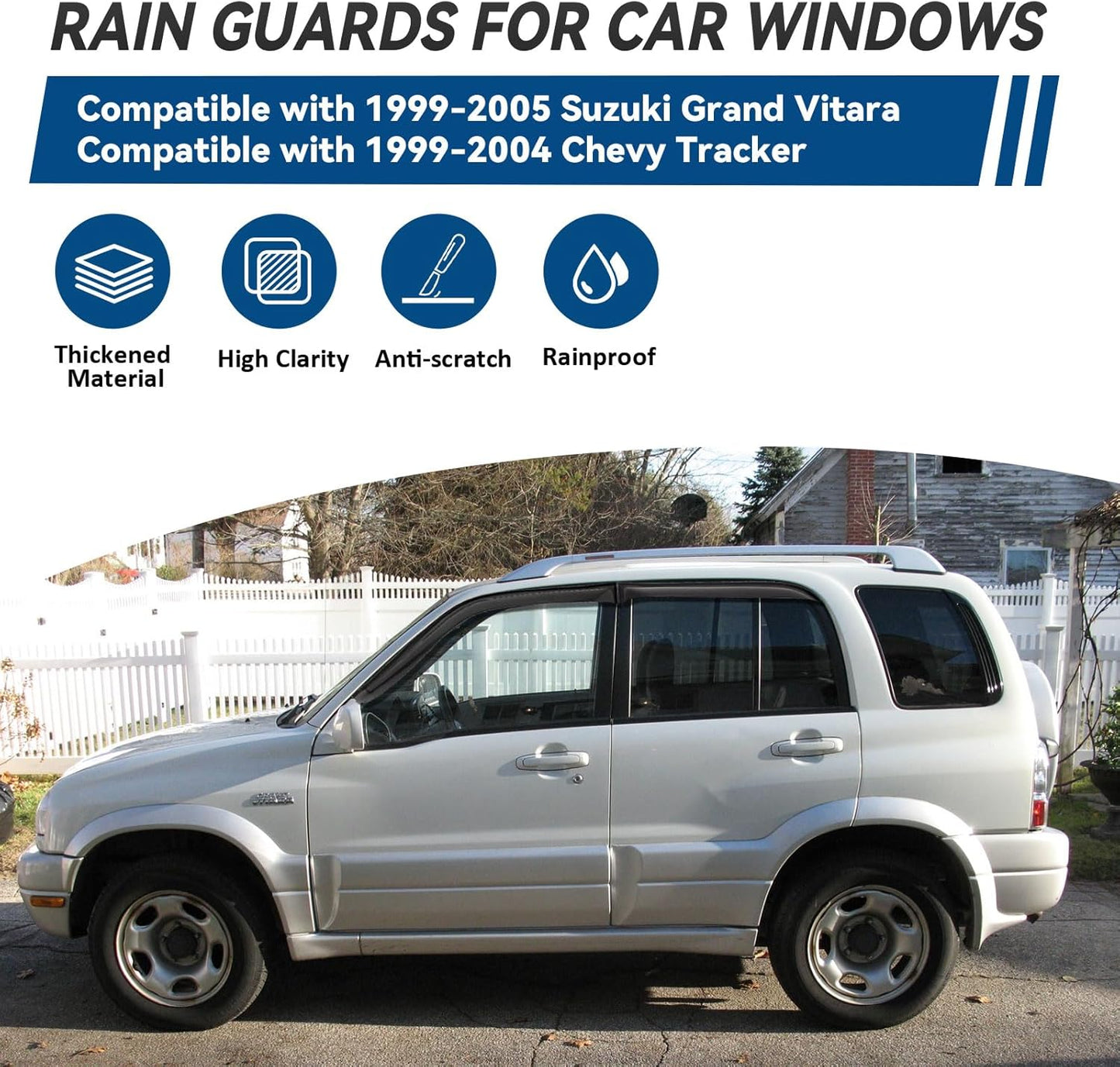 4pcs Front+Rear Smoke Tint Sun/Rain Guard Outside Mount Tape-On Vent Window Visors Compatible with 99-05 Grand Vitara 99-04 Tracker