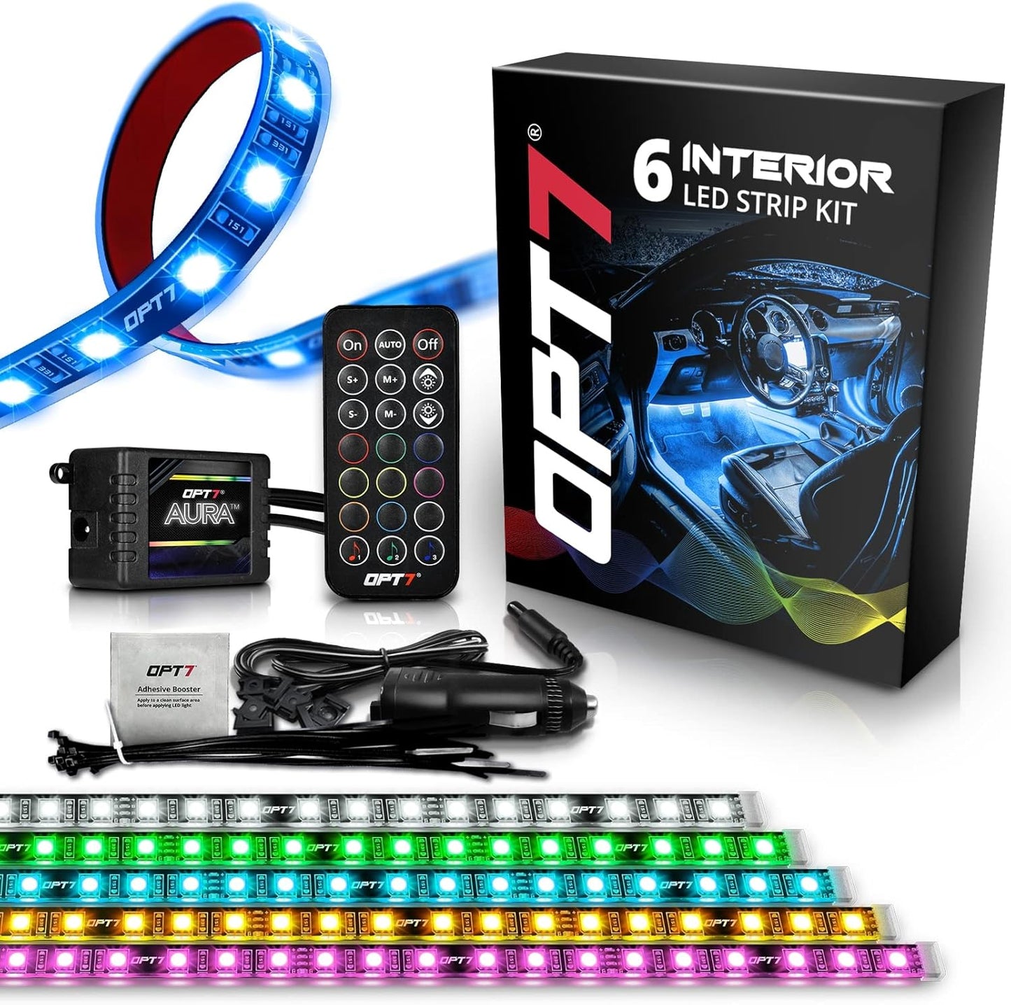 OPT7 Aura Interior Car Lights 6pc with Remote Control, Color Change, Music Sync Inside Ambient Lighting Kit, Car Truck LED Lights Under Dash Accessories, Charger Adapter 12V, 6pc Single Row LED Strip