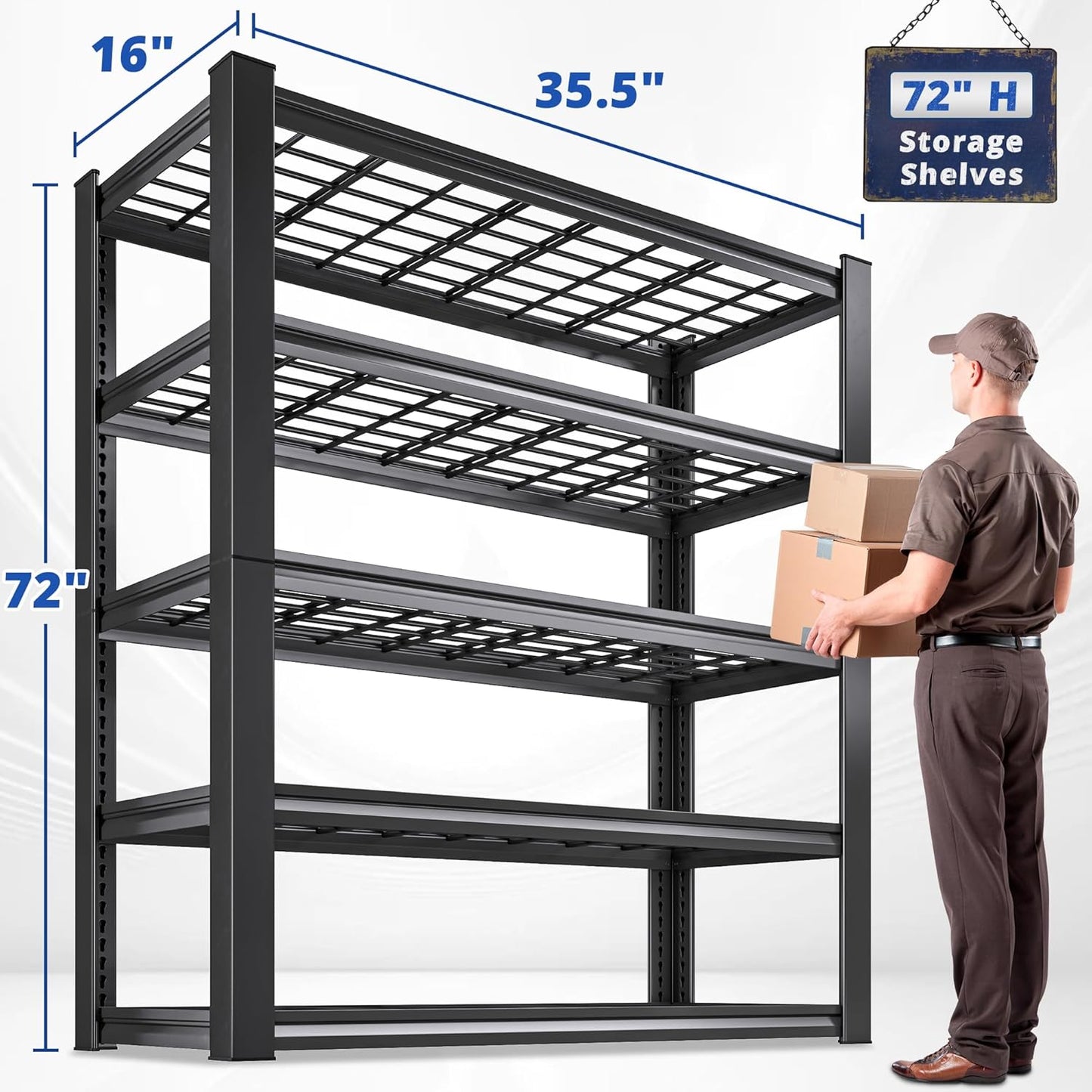 REIBII 3010LBS Storage Shelves 72" H Garage Shelving Heavy Duty Metal Shelving 5 Tier Adjustable Metal Shelves for Storage for Pantry Kitchen Basement 72" H x 35.5" W x 16" D, Black