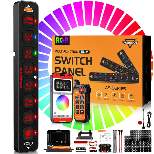 Auxbeam 8 Gang Slim Switch Panel Bluetooth RGB AS-800 with APP&Remote Control Toggle Momentary Pulsed 80A Switch Pod Off Backlight for 12-24V Truck Offroad UTV ATV Car Marine, 2 Years Warranty