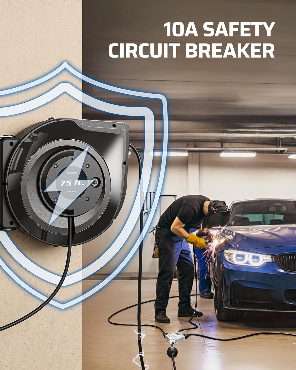 DEWENWILS 75FT Extension Cord Reel, 14/3C SJTOW Retractable Extension Cord Reel, Lighted Triple Outlets, 10A Circuit Breaker, Heavy Duty Power Cord, UL Listed, Ceiling/Wall Mount