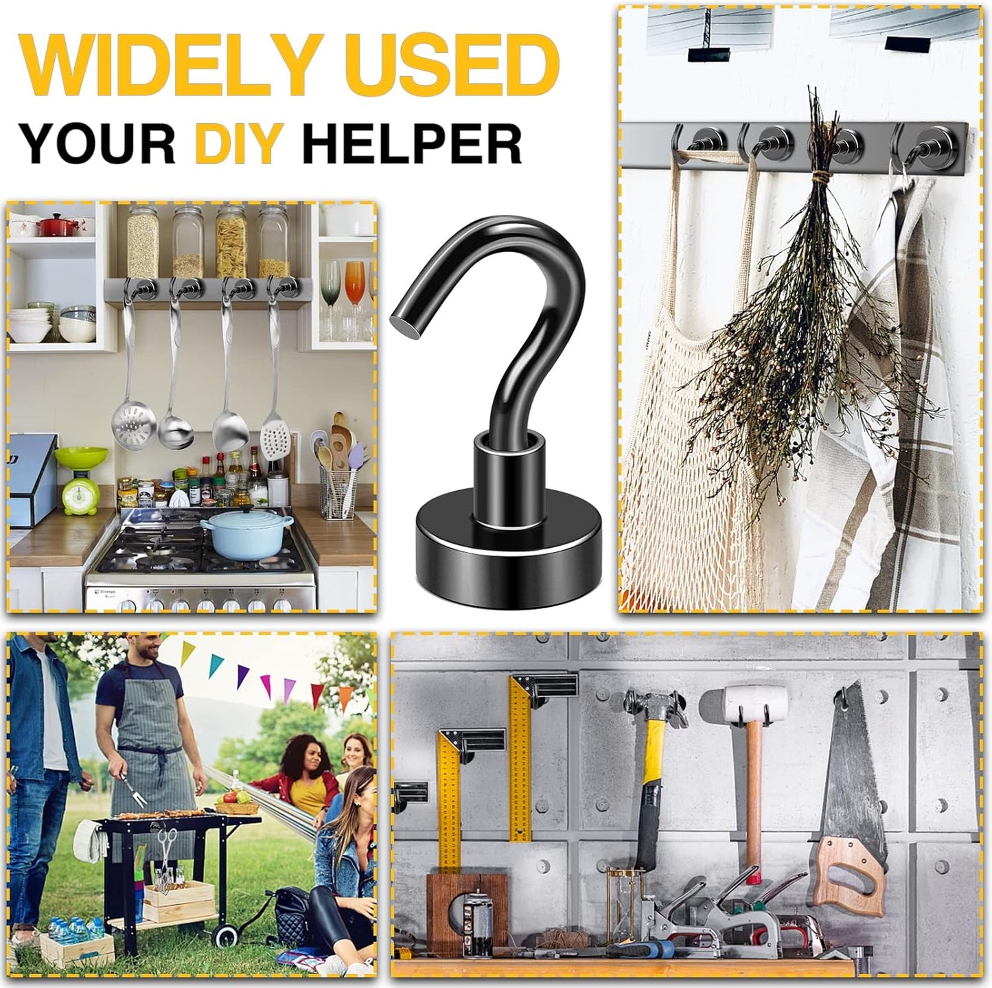 DIYMAG Magnetic Hooks, 30Lbs Facilitate Hook Neodymium Magnet Hooks with Nickel Coating for Cruise，Kitchen, Home, Workplace, Office and Garage etc, 10 Packs (Black)