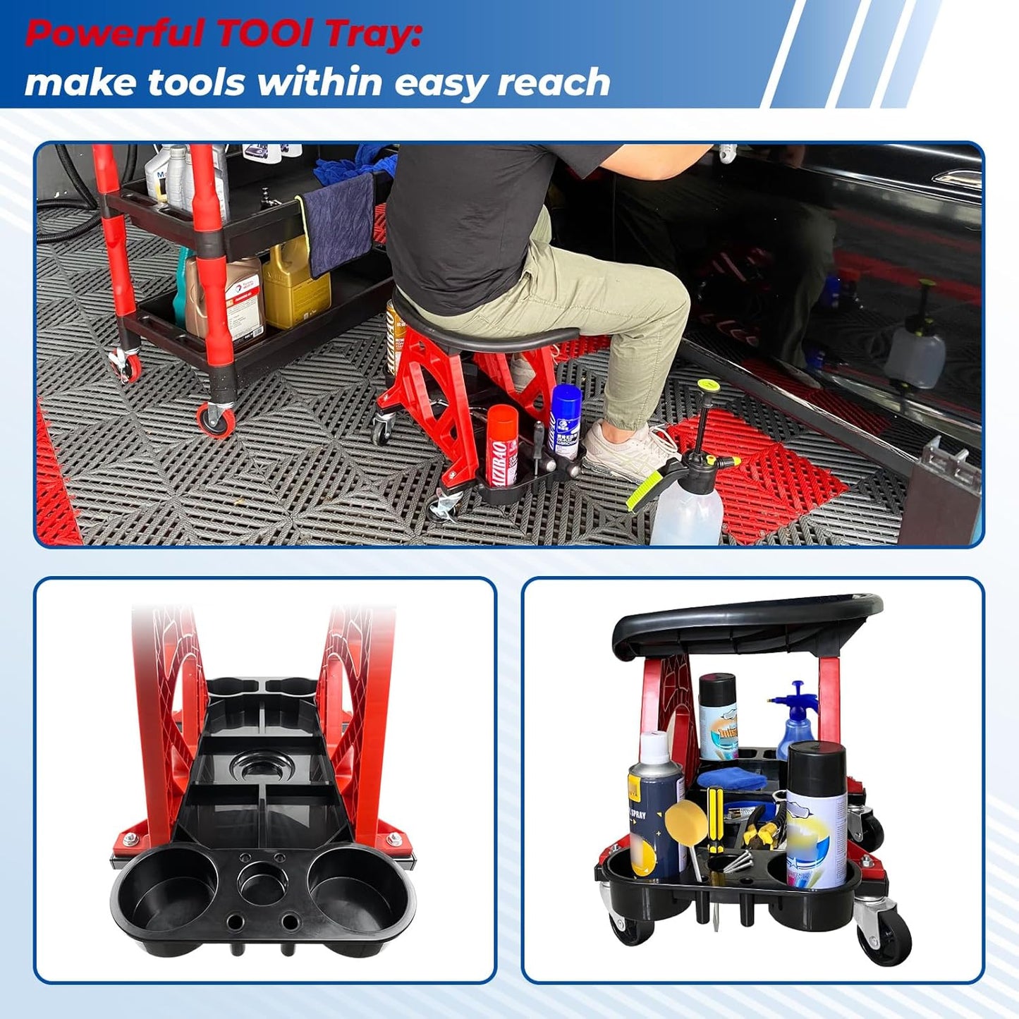 Durable Mechanic Seat with Wheels - Heavy Duty Rolling Stool Car Detailing Creeper Seat with Tool Tray for Workshop, Auto Repair Shop and Home
