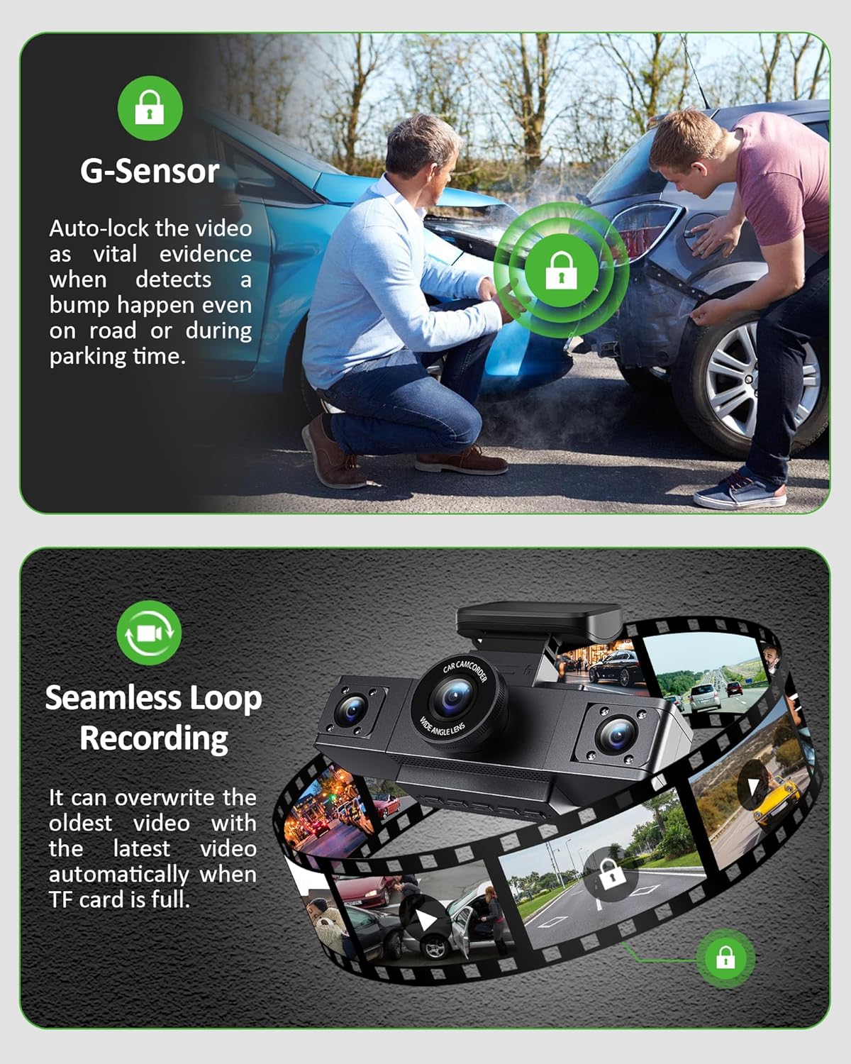 3 Channel 1080P Dash Cam Front and Inside Left/Right, Free 32G Card, Dash Camera Loop Recording, Triple Camera for Cars 24 Hours/7 Parking Monitor, Wide Angle, IR Night Vision, with G-Sensor, Black