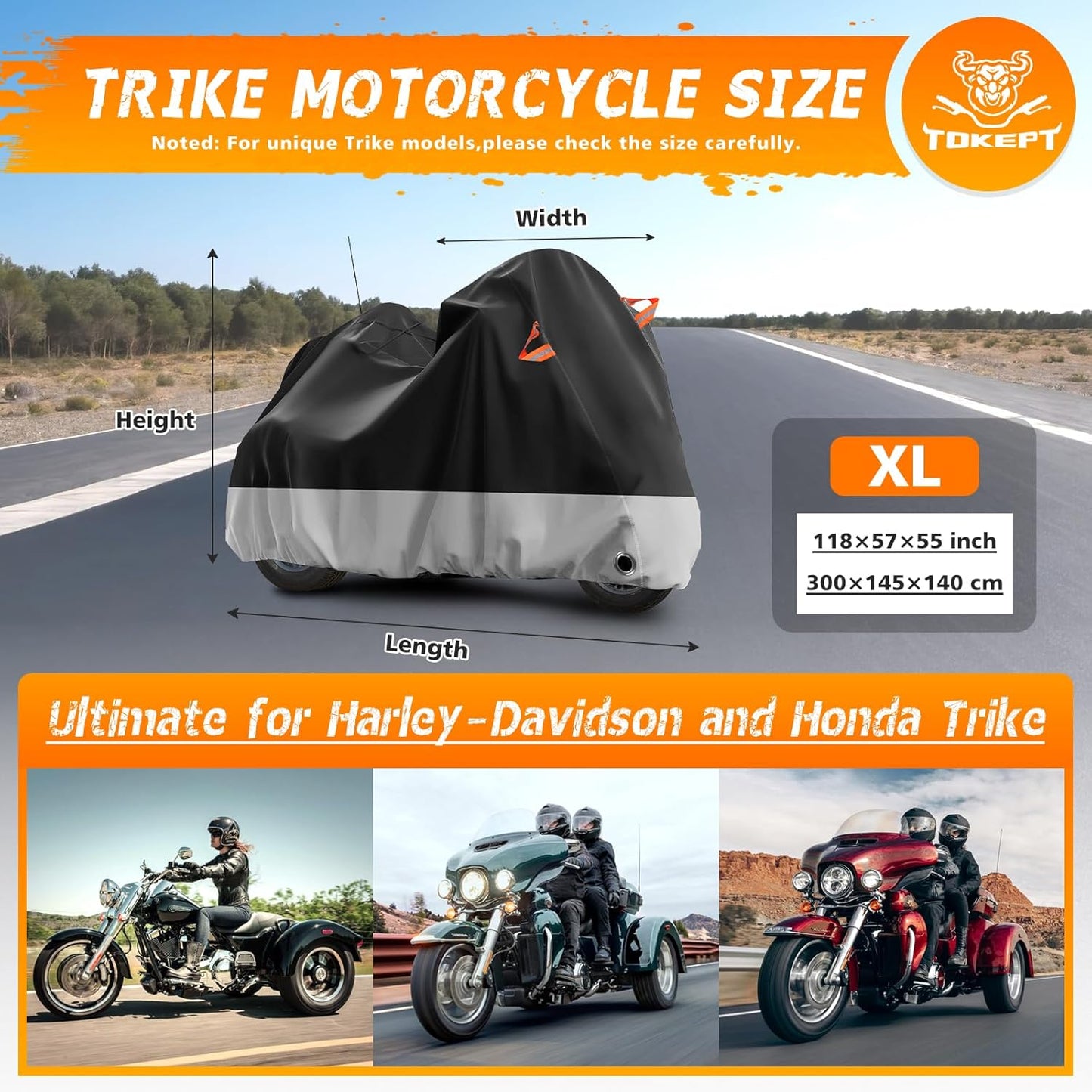 Trike Motorcycle Cover, Outdoor Waterproof Vehicle Cover with Windproof Buckle Reflective Strip for Harley Davidson, Honda Gold Wing, Kawasaki 3 Wheel Motorcycle Accessories (Black&Grey)