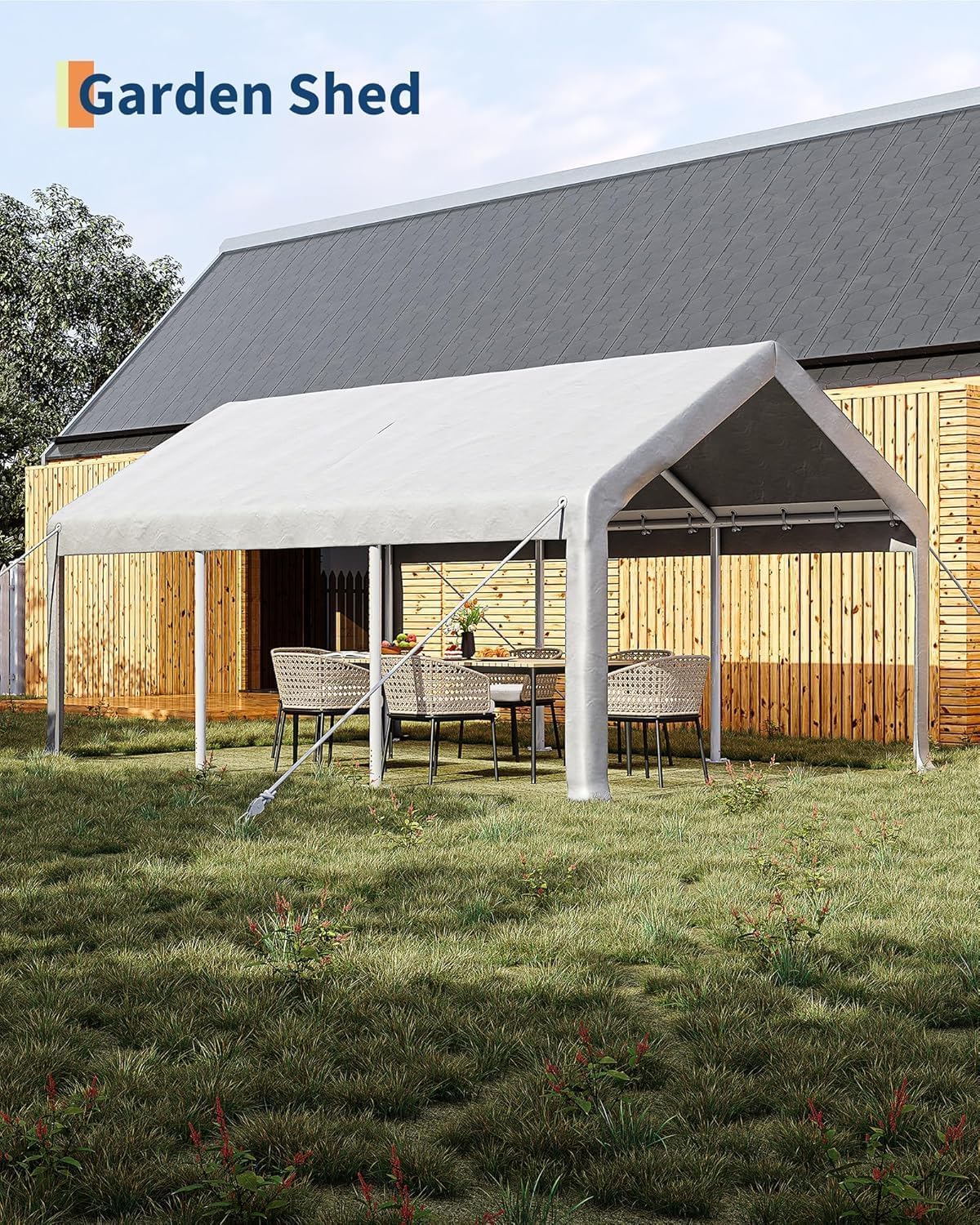 12 x 20ft Heavy-Duty Carport Canopy with Roll-Up Windows & DoorsThickened Wind Ropes, Ground Nails, Portable Car Tent Garage for Cars, Trucks, Boats, 180G Durable Tarp Cover,White