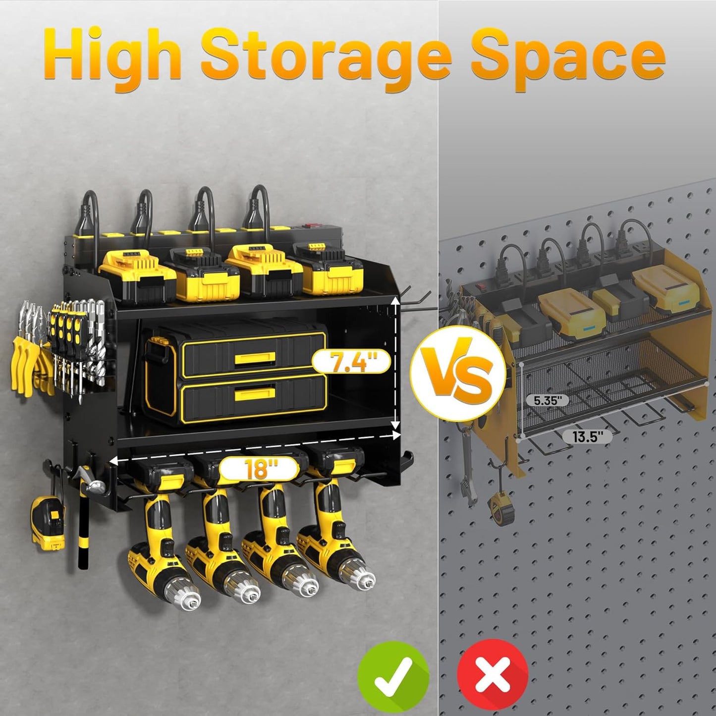 Heavy Duty Wall-Mounted Tool Organizer&Power Charging Station,Modular Garage Storage System with Cordless Drill Holder, Battery Racks,Shelves,Workshop Organizers with Electric Cord Management