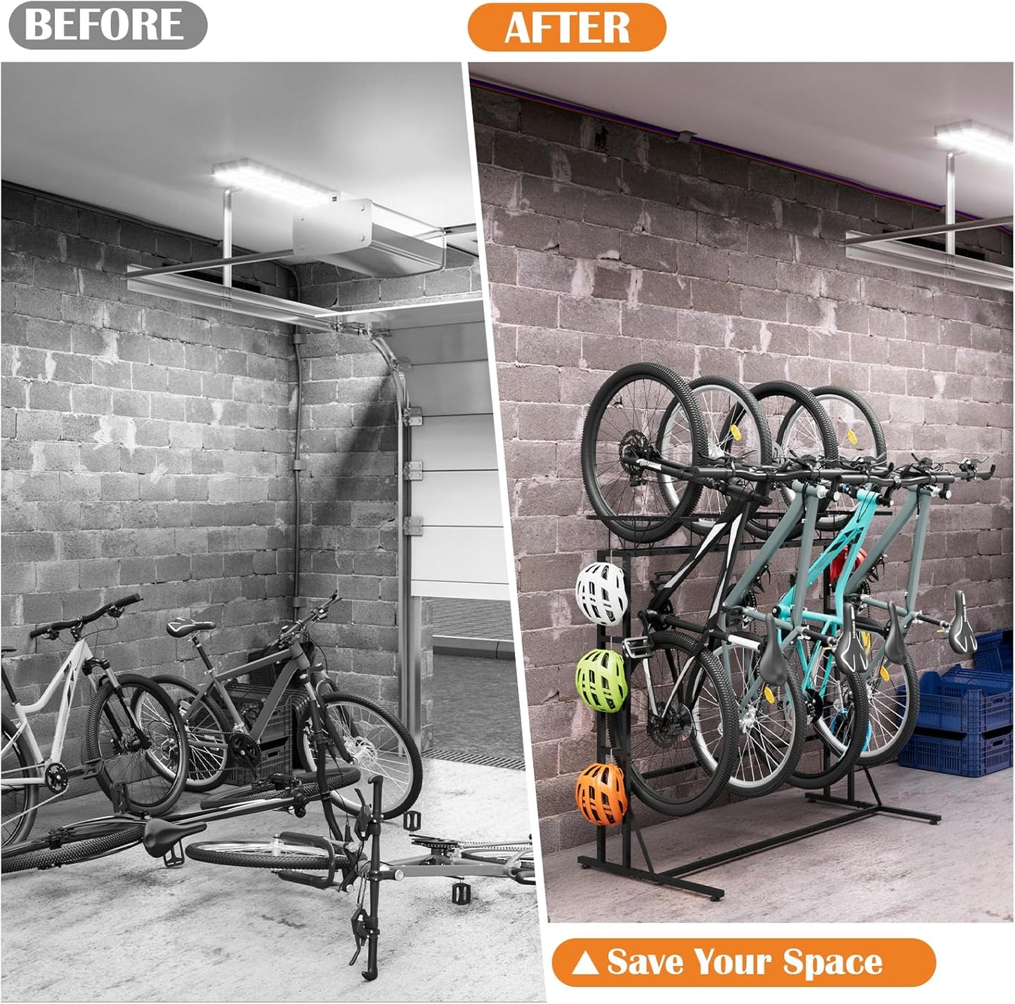 OYEAL Bike Rack Garage Floor Bike Storage Stand with 6 Hooks, Indoor Vertical Bicycle Organizer for 3 Adult Mountain/Road &1 Kids Bikes, Max Tire Width 2.6”, Black