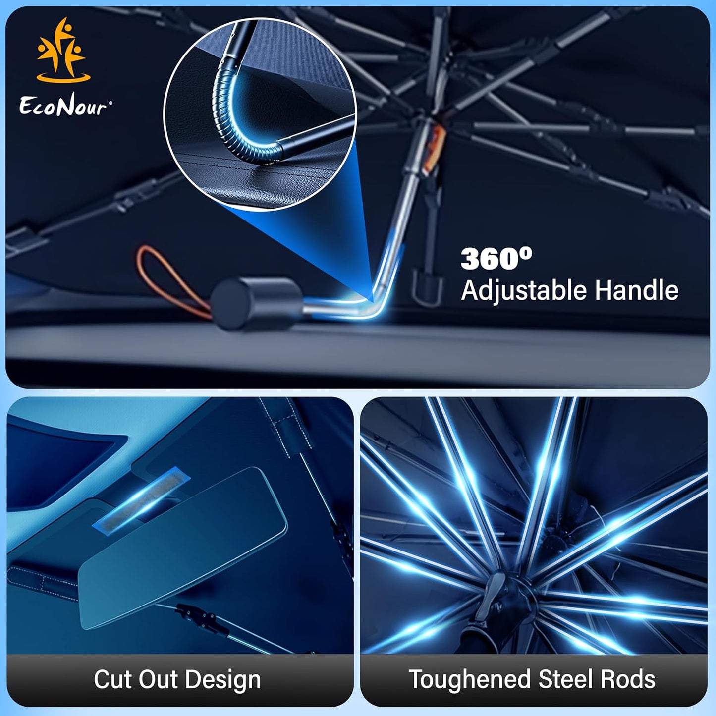 EcoNour Car Windshield Sunshade Umbrella | Foldable Windshield Sun Shade Cover | Front Car Window Shade for Maximum UV Rays & Heat Protection | 240T Polyester Umbrella Sunshade