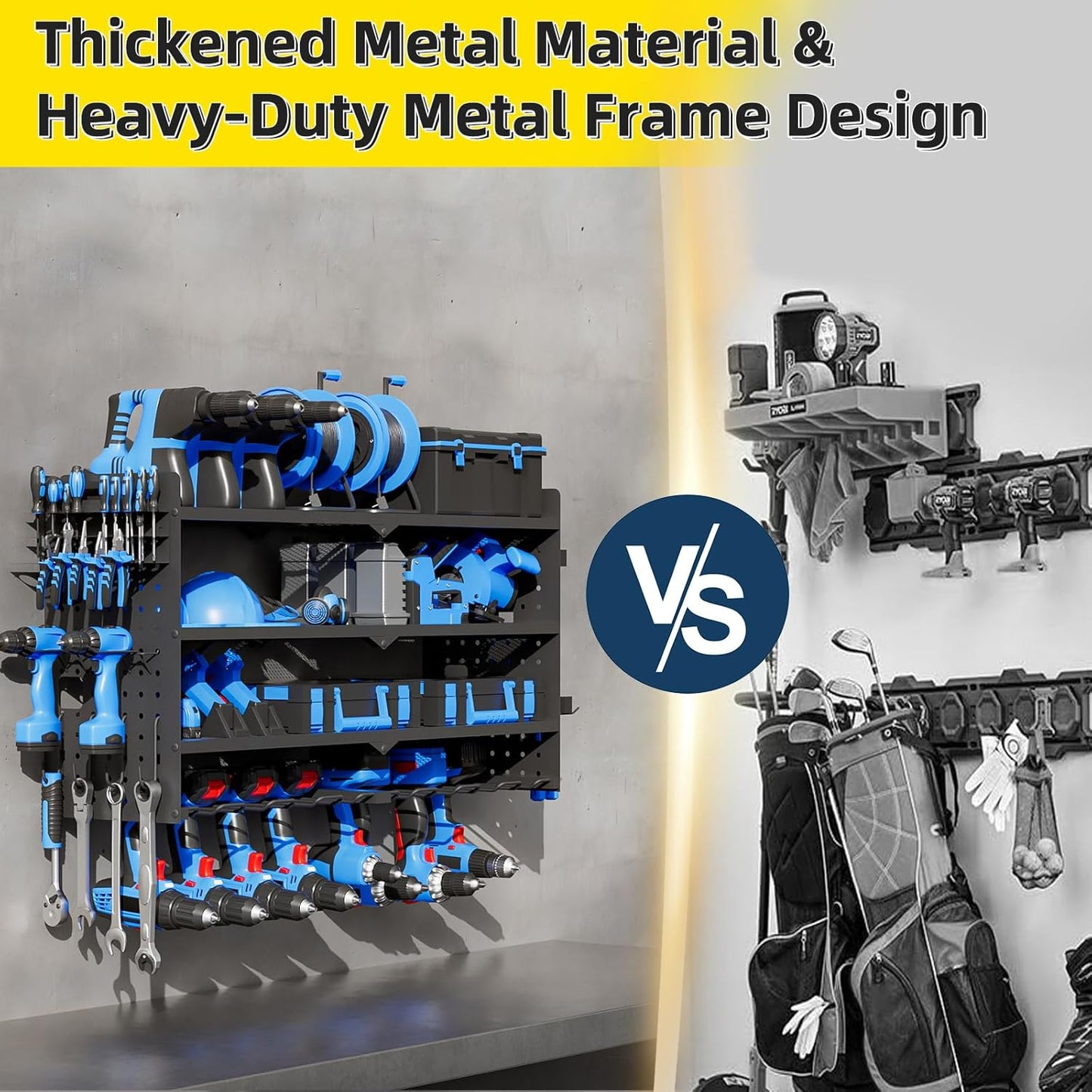 Power Tool Organizer Wall Mount with Charging Station, 4 Layers 6 Drill Holder, Heavy Duty Storage Utility Racks, Supports 600 lbs,Battery Shelf for Garage and Workbench (24 Inch 6 Drills Holder)