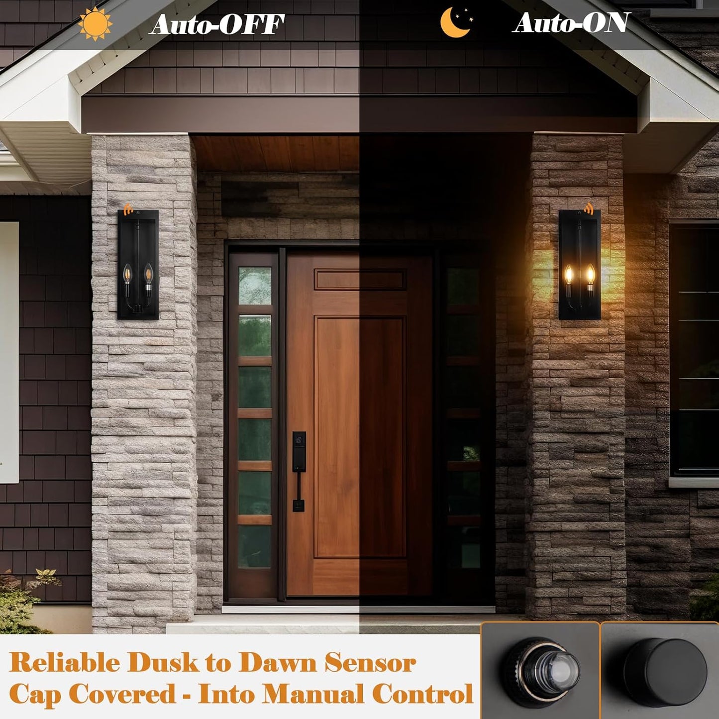 16” Dusk to Dawn Outdoor Lighting, 2 Pack Black Modern Porch Outside Lights for House 2-Light, Photocell Sensor Exterior Patio Coach Wall Lanterns Outside Garden Sconce Lamps Waterproof E12