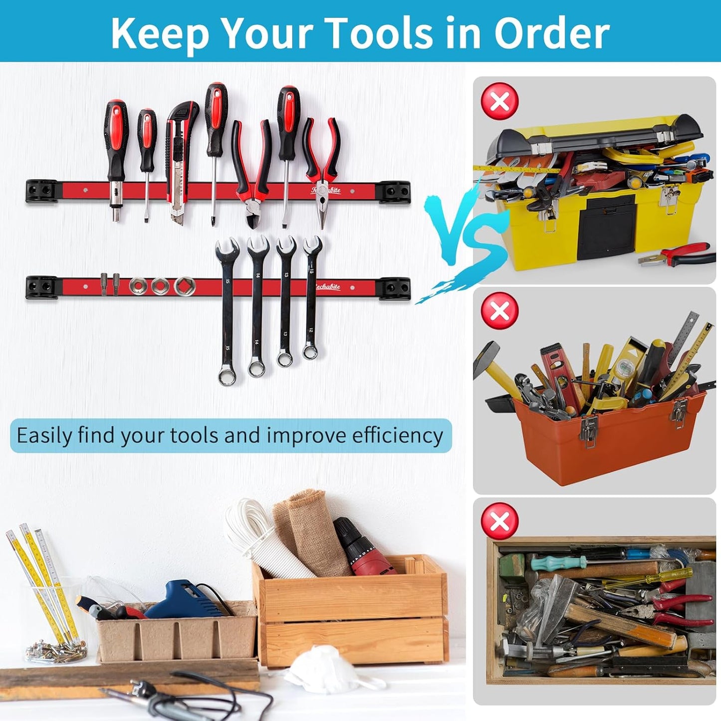 6 Pieces 18" Magnetic Tool Holder Strip, Red Magnet Bar, Metal Tool Organizer Rack for Garage Organization, Easy To Install in Workshop, Mounting Screws Included