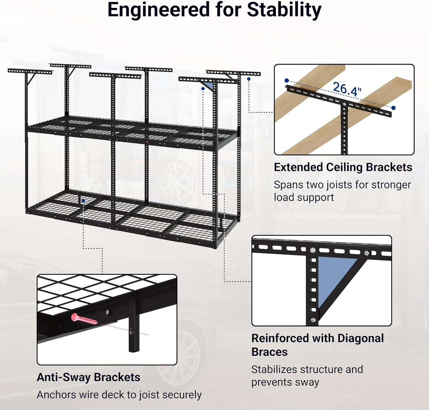FLEXIMOUNTS 3x8 2-Tier Overhead Garage Storage Rack – Adjustable Heavy Duty Metal Garage Ceiling Storage Racks, 1000 lbs Capacity – Garages Organization System for 10–15 ft Tall Garages, Black
