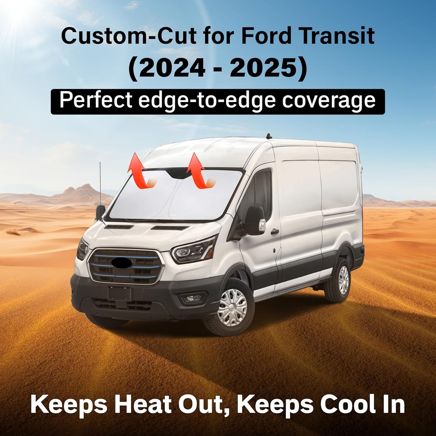 Econour Windshield Sun Shade for 2024 2025 2026 Ford Transit 350 Custom Fit Sunshade Window Sun Visor Protector Foldable Blocks UV Rays Keep Car Cooler