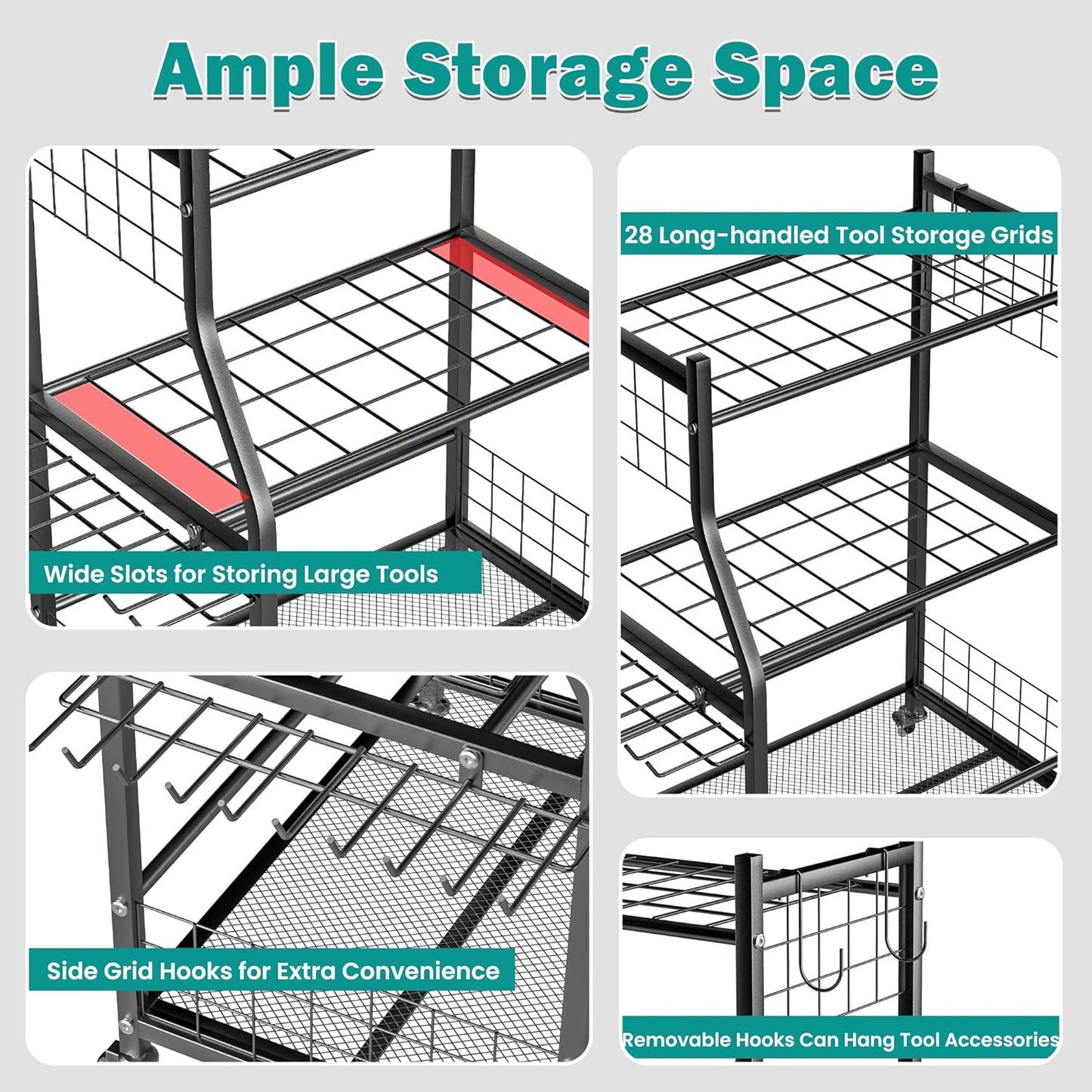 EVERHANGER Garden Tool Organizer Stand, Garage Tool Storage Organization, Yard Tool Racks with lockable wheels, Fit for Long-Handled Tools/Rakes/Brooms, Indoor/Outdoor Use