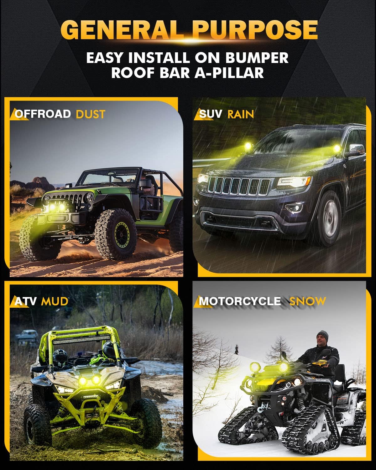 Auxbeam P4 Series Flood Beam Amber Round Light Pods, 4 Inch 90W Yellow Flood Light Bar Backup Reverse, LED Offroad Lights Automotive Work Lights Super Bright Fog Lamp, Pair