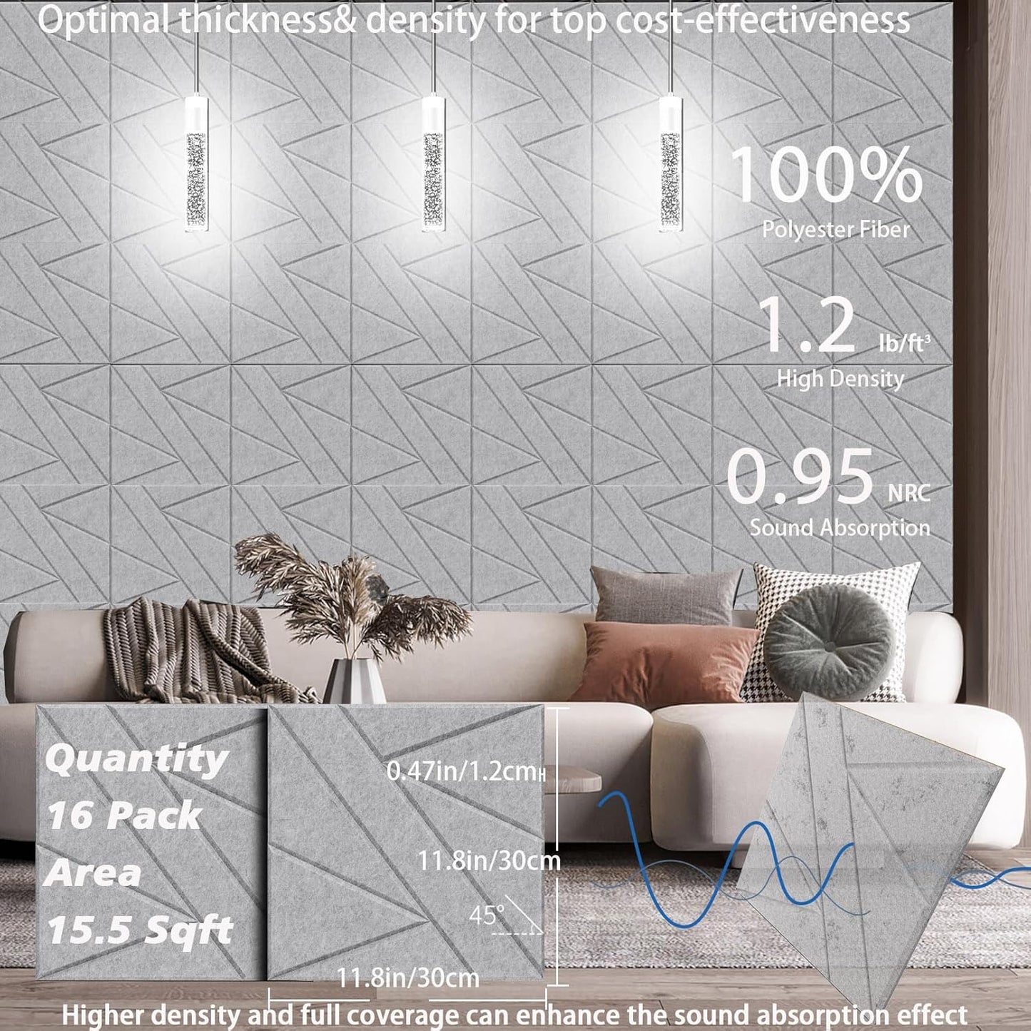 16 Pack Self-Adhesive Soundproof Wall Panels, 12 x 12 x 0.47 In Sound Proof Foam Panels for Walls, 1.2lb/ft³ High Density, Thicker 0.47in, Acoustic Panels, Noise Dampening Panels Studio Gray