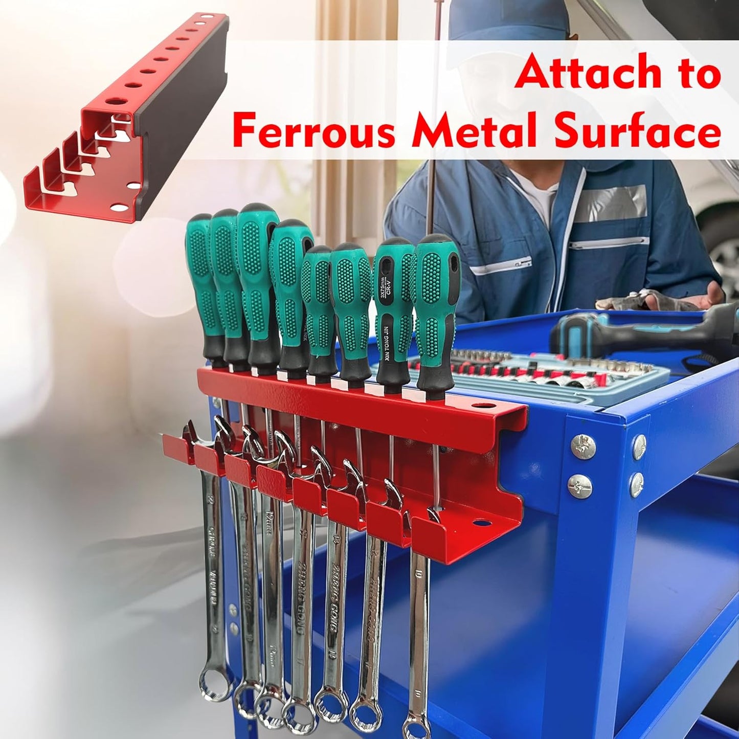 MUTUACTOR Magnetic Wrench Holder Heavy Duty,Anti-scratch Magnetic Mount Screwdriver Holders, 2 Layers Wrench Screw Drivers Holder for Work Bench Toolbox Tool Cart,1PCS,Red,9 Holes and 7 Slots