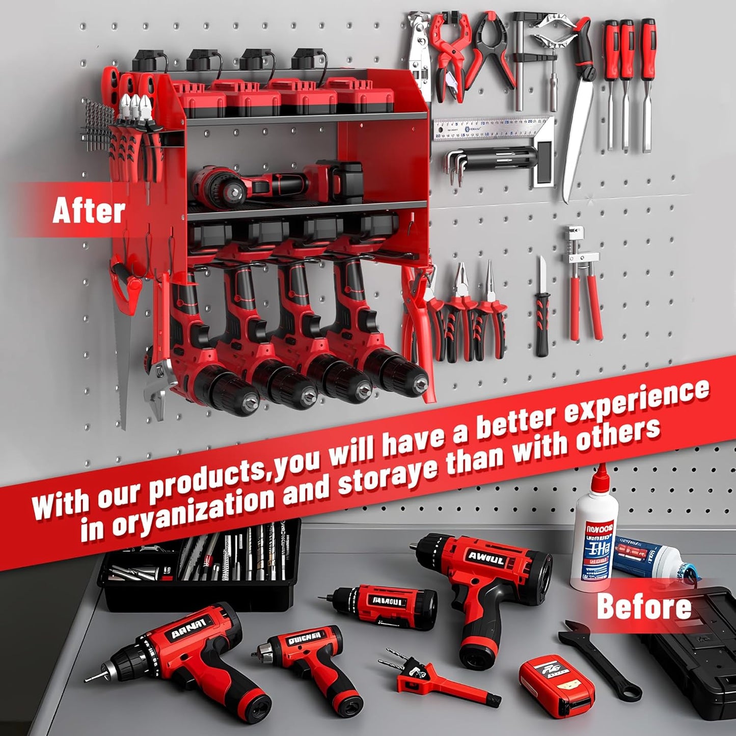 3-Tier Modular Drill Holder & Power Tool Organizer Wall Mount with Charging Station, Tool Storage Rack with Hooks, 8-Outlet Power Strip, Bit Rack & Cordless Garage Tool Organization (Red)