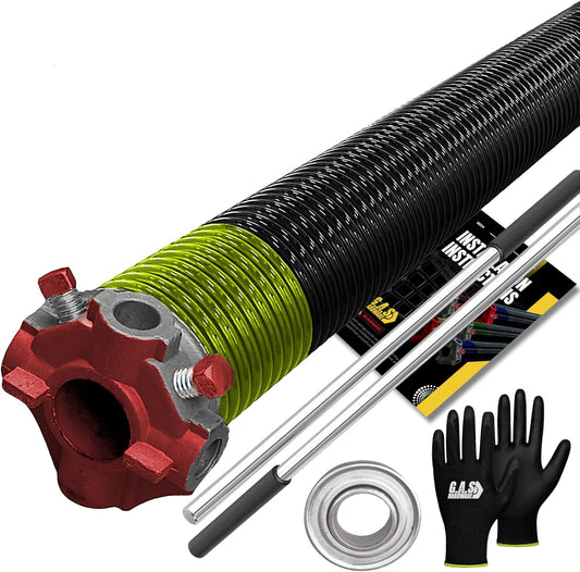 Garage Door Torsion Spring 207x1.75x24 Includes 1” Steel Bearing, Non-Slip Gloves, and Winding Bars for Left Side of Garage Door Precision E-Coating 5-Year Warranty Min. 30,000 Cycles (Red Cone)
