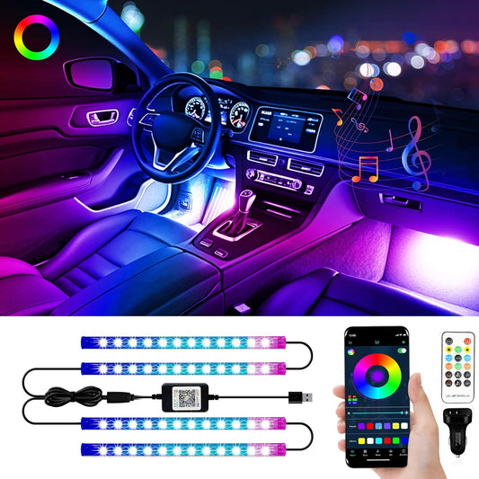 YM E-Bright RGB Car Led Strip Lights with App Control Remote Smart Interior Neon Under Dash Footwell with Car Charger USB Powered DIY Mode Music Sync Multicolor Change 2 Lines Design