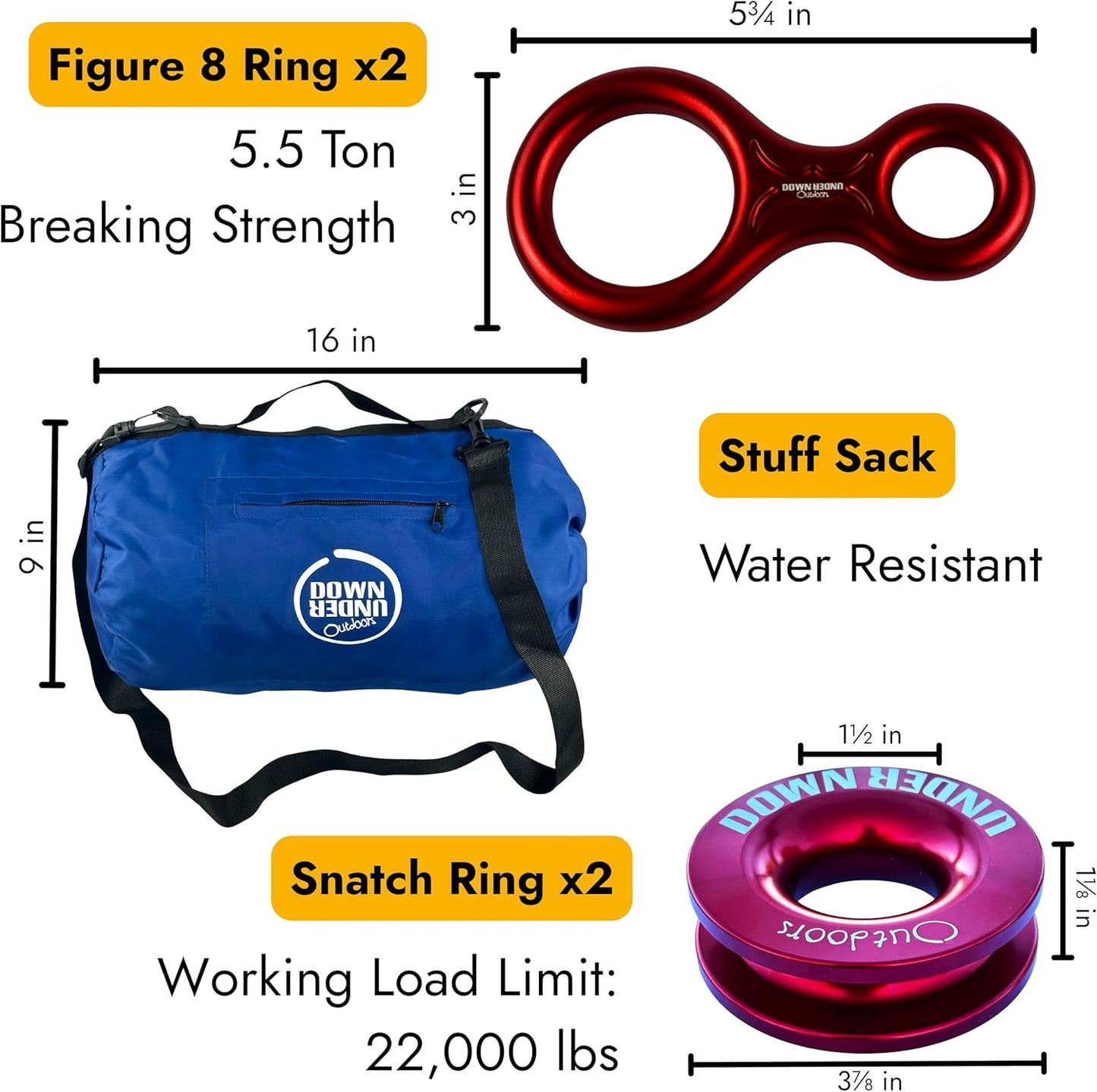DOWN UNDER OUTDOORS Game/Log/4x4 Recovery Kit, Deer Drag, 650 ft of 9/32” (11,460 lbs) Winch Rope on Metal Reel, 2 Tree Savers, 2 Soft Shackles, 2 Snatch Rings, 2 Figure 8 Rings, Gear Bag