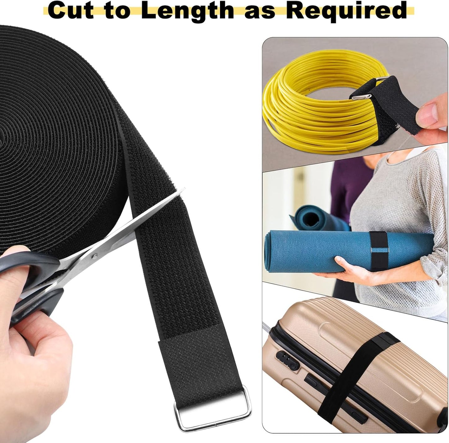 1.5"x16ft Hook and Loop Straps with 15 Metal Buckles, Adjustable Fastening Cable Straps, Cut-to-Length Cinch Strap, Reusable Nylon Securing Cord Ties for Organizer or Storage, Black