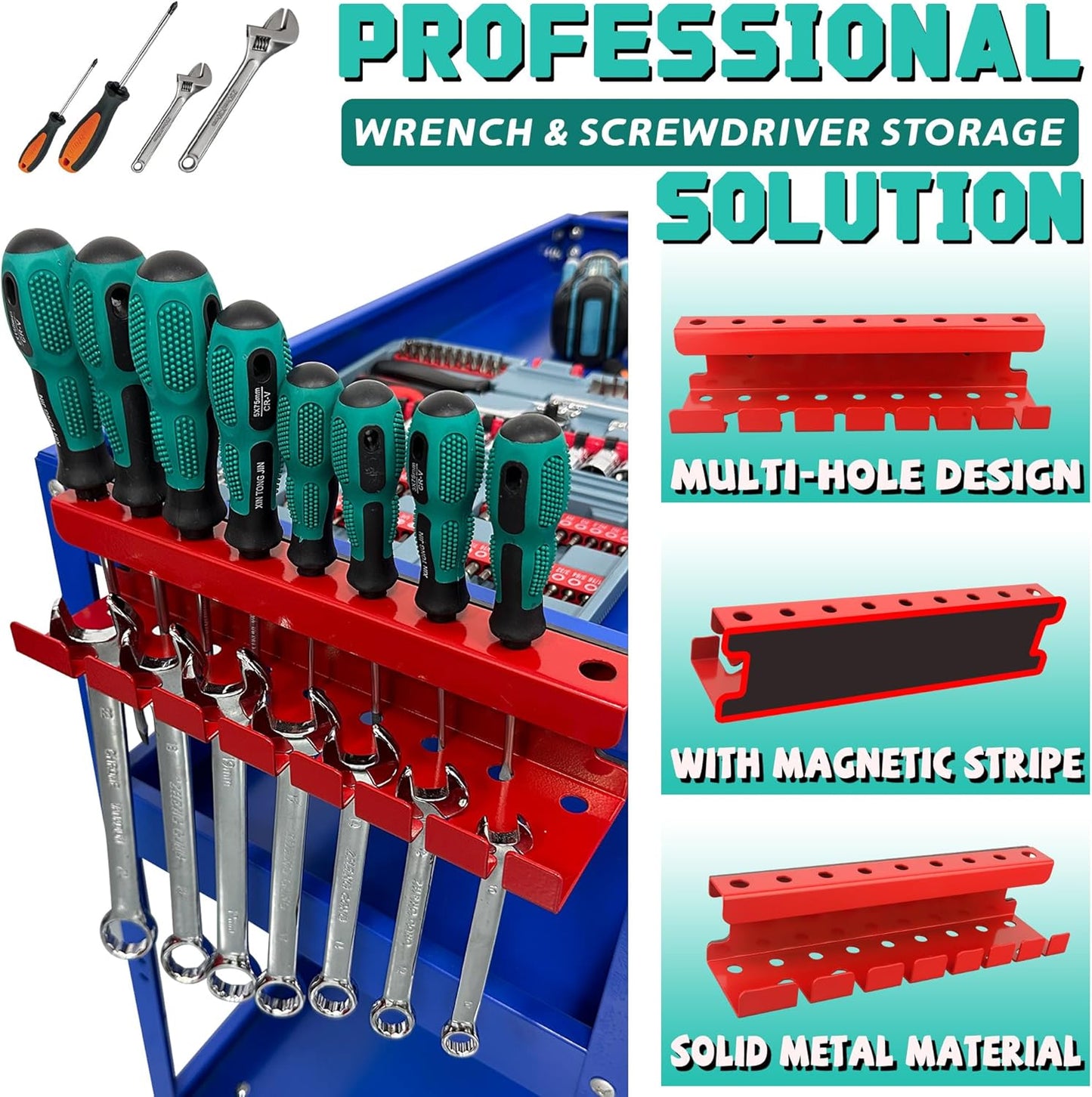 ULIBERMAGNET Magnetic Wrench Holder,Heavy Duty Red Magnetic Screwdriver Holder,Wrench Screwdriver Shear Organizer Rack Magnetic Mount Multiple Tools Rack for Garage,Tool Cart,Pegboards,Workbench