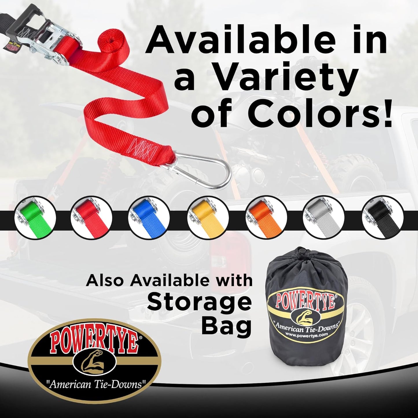 PowerTye 1.5in x 6.5ft Heavy Duty Ratchet Tie-Down Straps with Soft-Tye and Carabiner Hooks - 1,000 lb Working Load Limit / 3,000 lb Breaking Strength - Made in USA - Blue/Black Pair