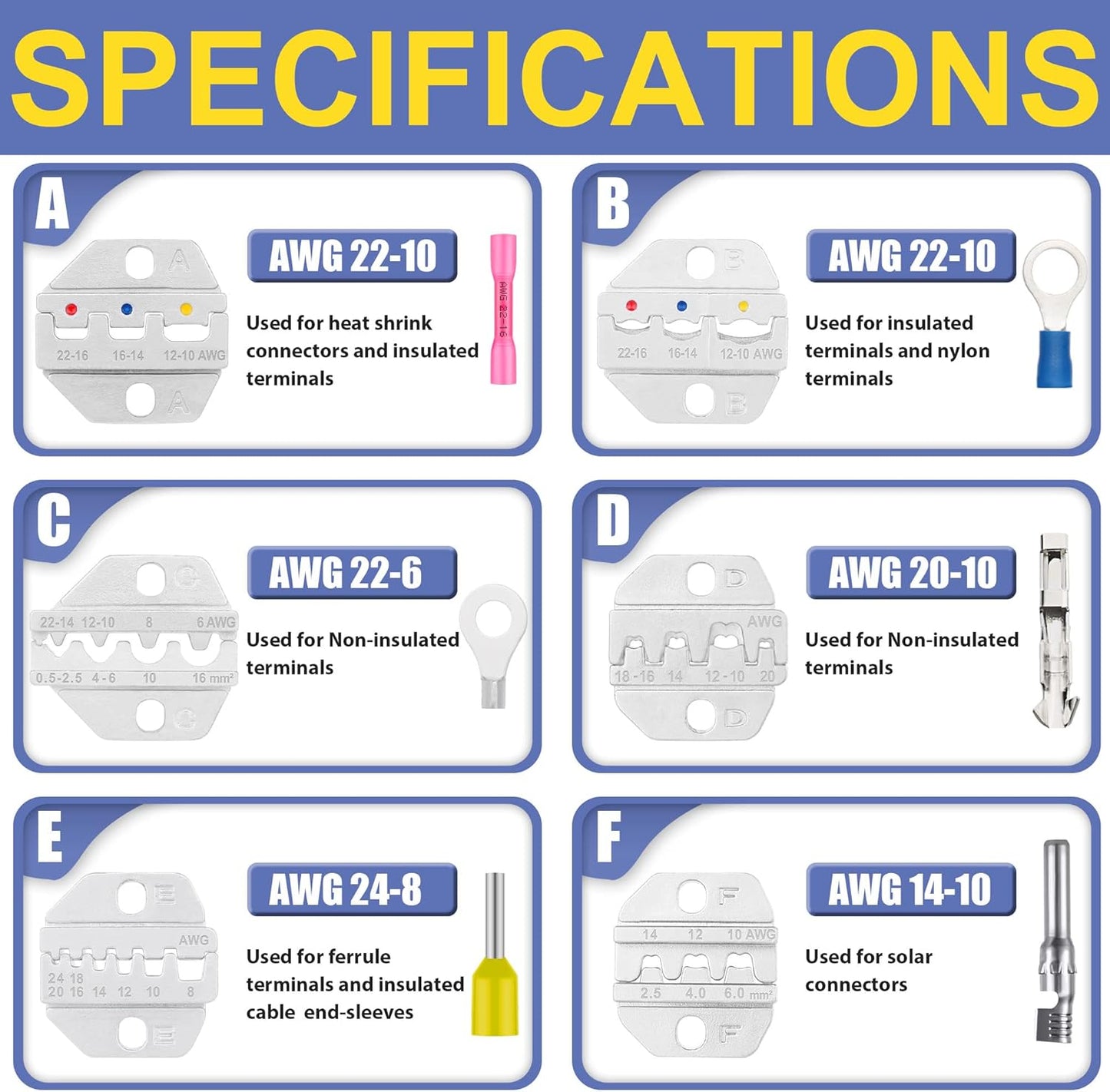 haisstronica Crimping Tool Set - 6PCS Crimping Die for Heat Shrink,Insulated Nylon,Non-Insulated,Ferrule Wire End,Open Barrel Terminals,Solar Connectors - with Wire Stripper Tool and Screwdriver