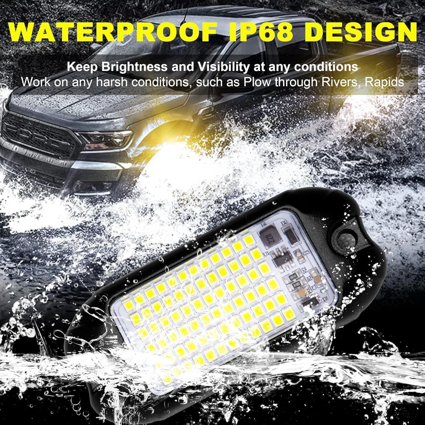 Nicoko 4Pods Pure Yellow 72 LEDs SMD Chips 72w High Power Rock Lights Super Bright Yellow Offroad Car Boat Underglow Lights IP68 Waterproof for Truck SUV UTV ATV RZR