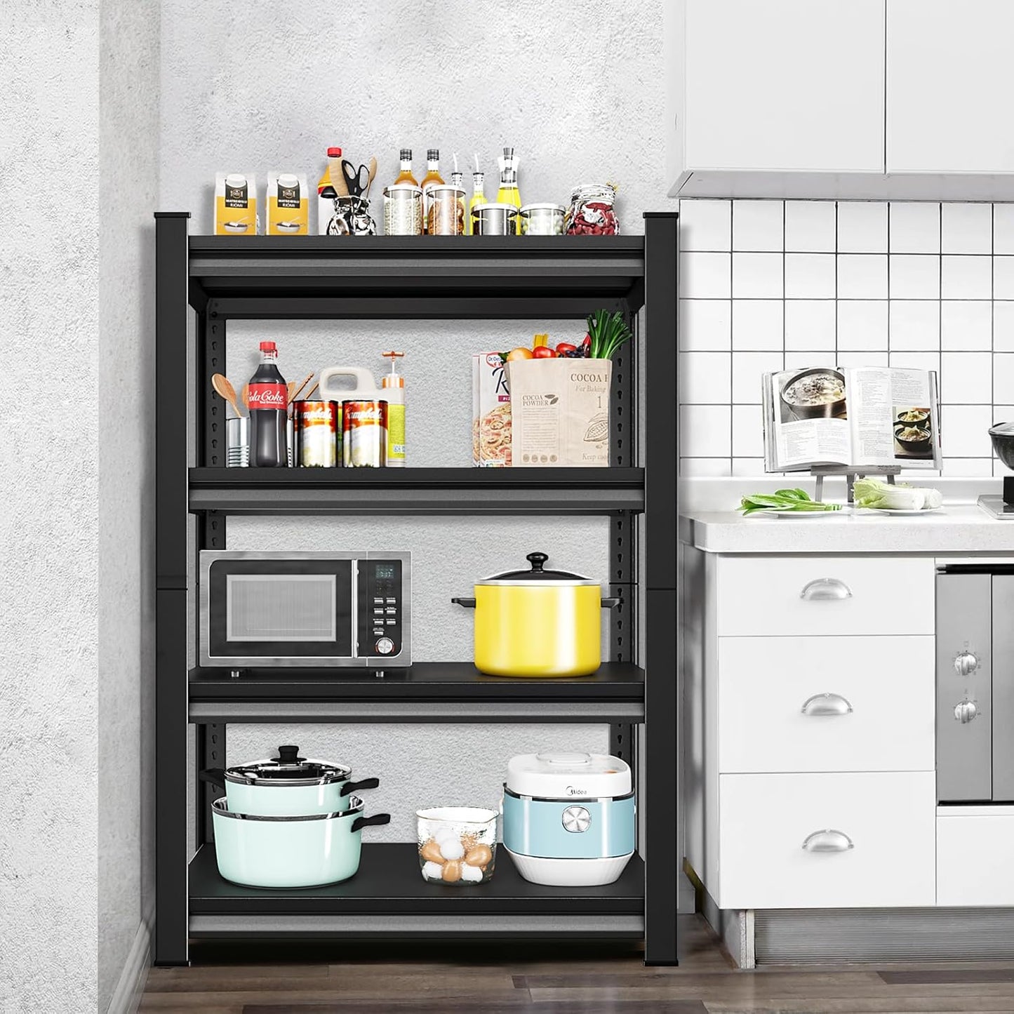 1400LBS Garage Storage Shelves Heavy Duty, 35" W x 16" D x 66" H,4-Tier Garage Shelving Heavy Duty, Industrial Metal Shelving Units for Basement,Fish Tank,Black