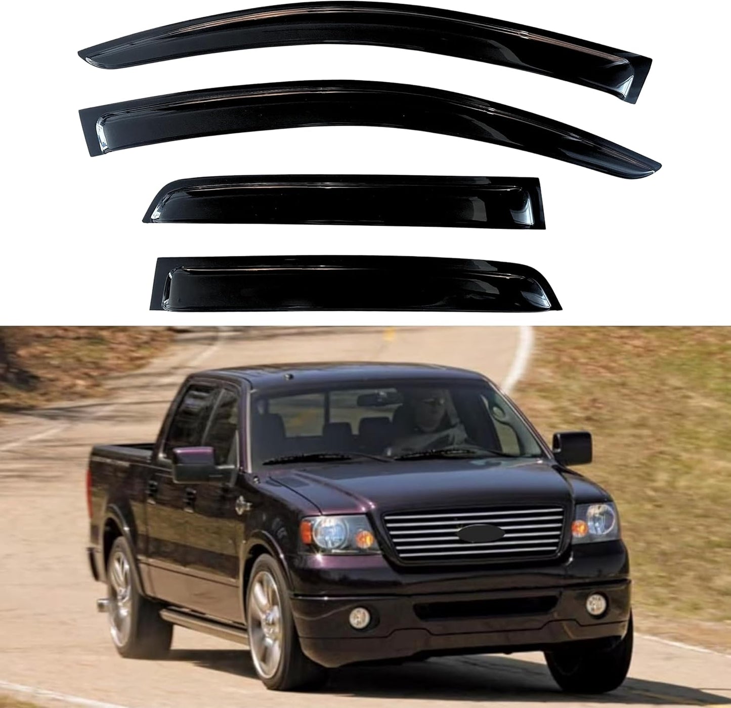 KPY Window Visor Compatible with Ford F150 SuperCrew 2004-2008 & Lincoln Mark LT Crew Cab 2006-2008, 4PC Rain Guard Side Window Vent Deflectors Tape-On Style, 2004 2005 2006 2007 2008