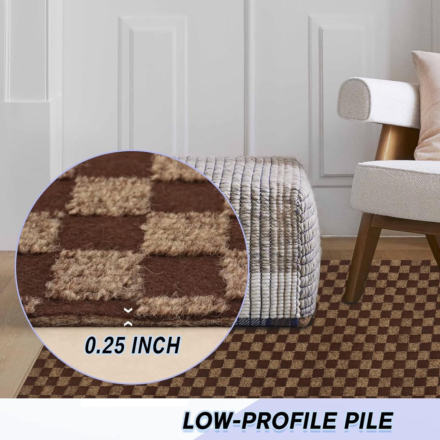 Custom Size Backed Non-Slip Area Rugs Runner, Easy Clean, Waterproof Runner Rugs for Hallway Entryway, Kitchen, Laundry, 4FT x 66FT, Brown Checkered