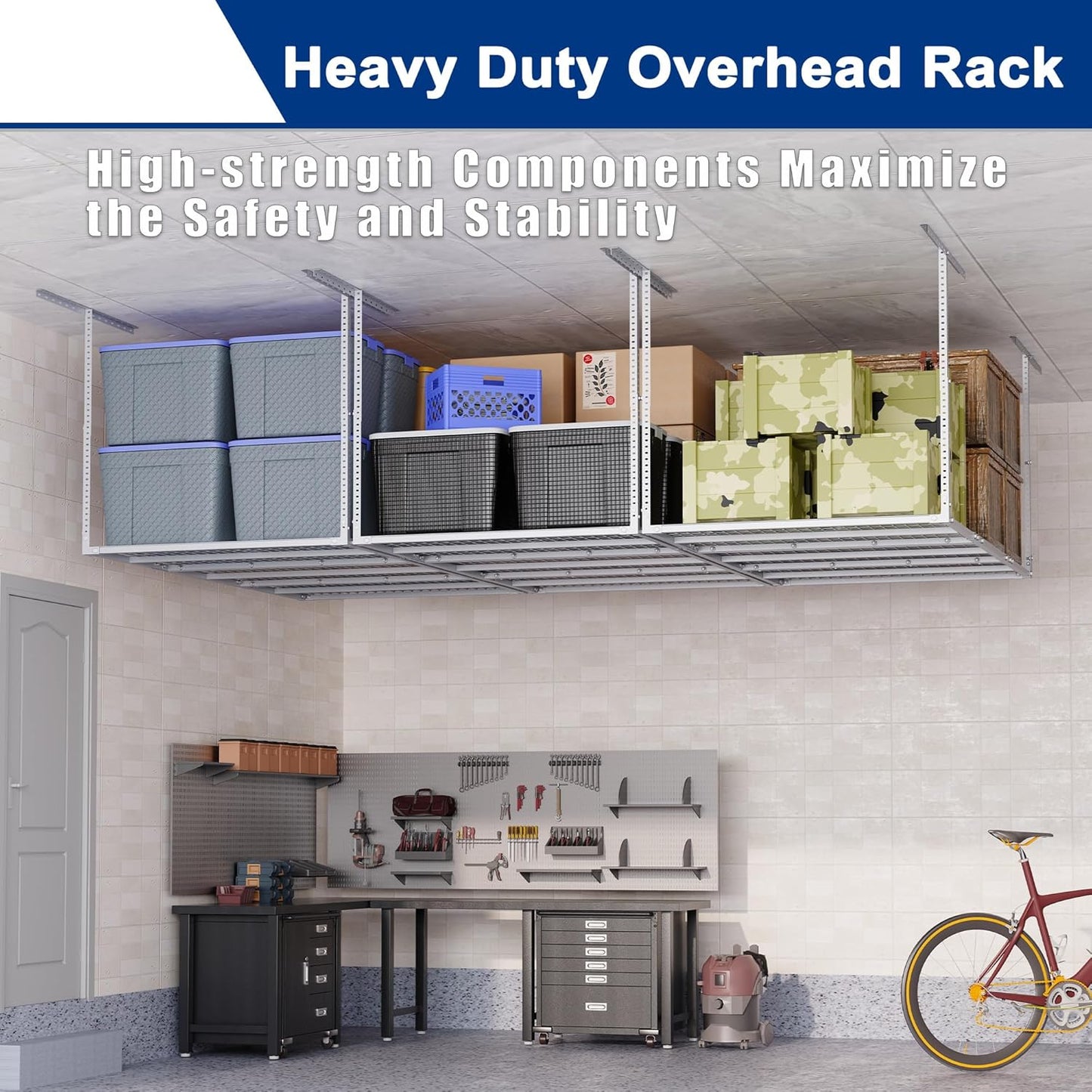 GIOTORENT 3x6FT Heavy Duty Overhead Garage Storage Rack - Adjustable Ceiling Shelving with 520lbs Weight Capacity, Metal Garage Organization System, White