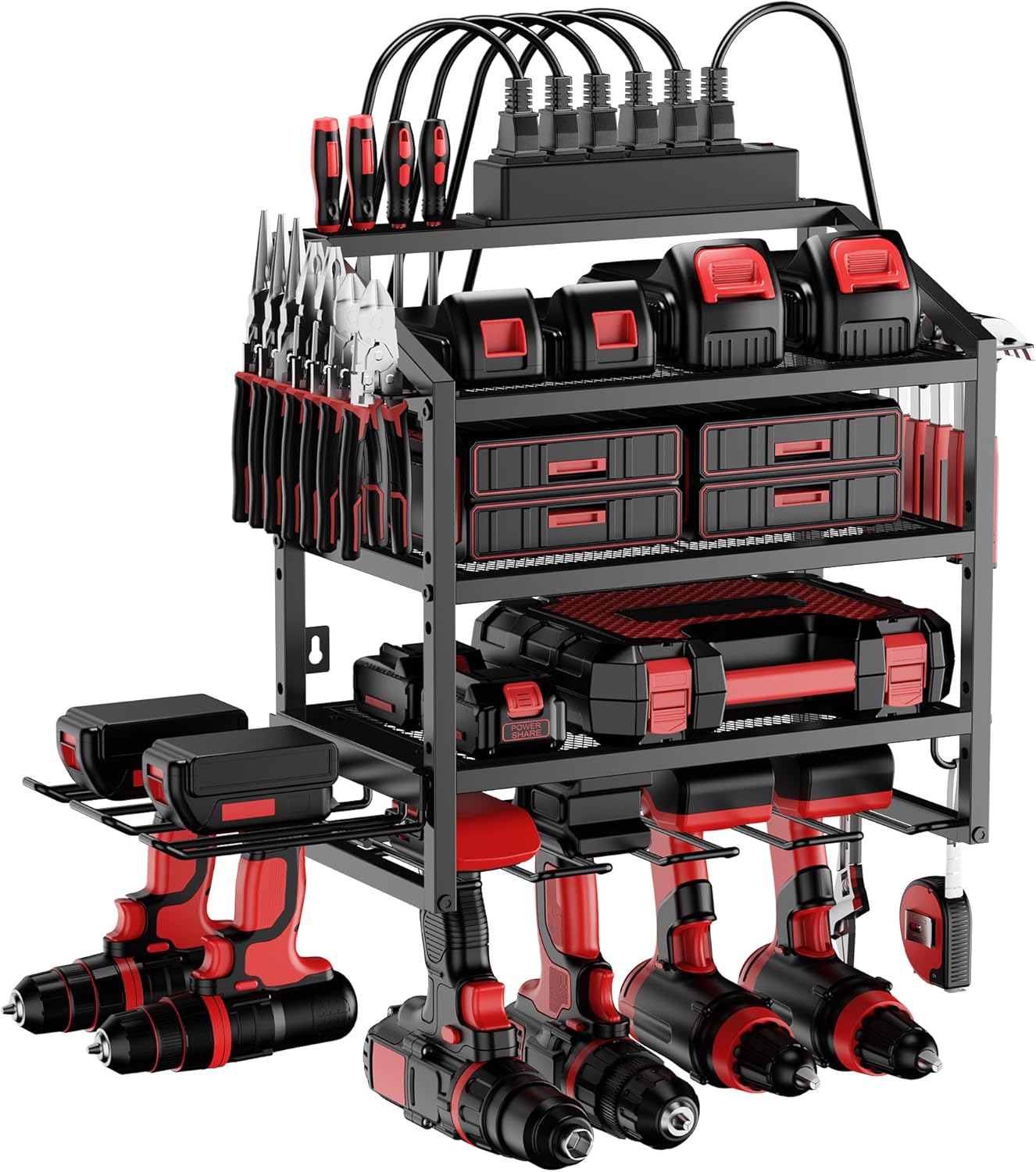 Power Tool Organizer Wall Mount with Charging Station, 4 Layer Storage Rack and Tool Holder for Garage Organization, 6 Drill Holder Wall Mount, 4 Hooks and 6 Outlet Power Strip, Great Men's Gift