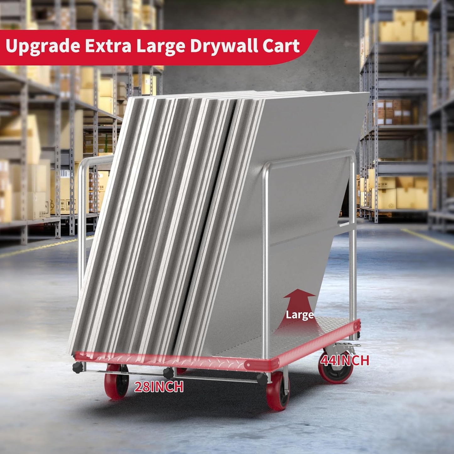 Extra Large Steel Panel Cart Dolly, 2IN1 Heavy Duty Drywall Lumber Truck with 3000 LBS Capacity, 44 x 28 inch 2MM Steel Plate Drywall Cart with 6" Swivel Brake Wheels, 1Front and 3Side Handrials