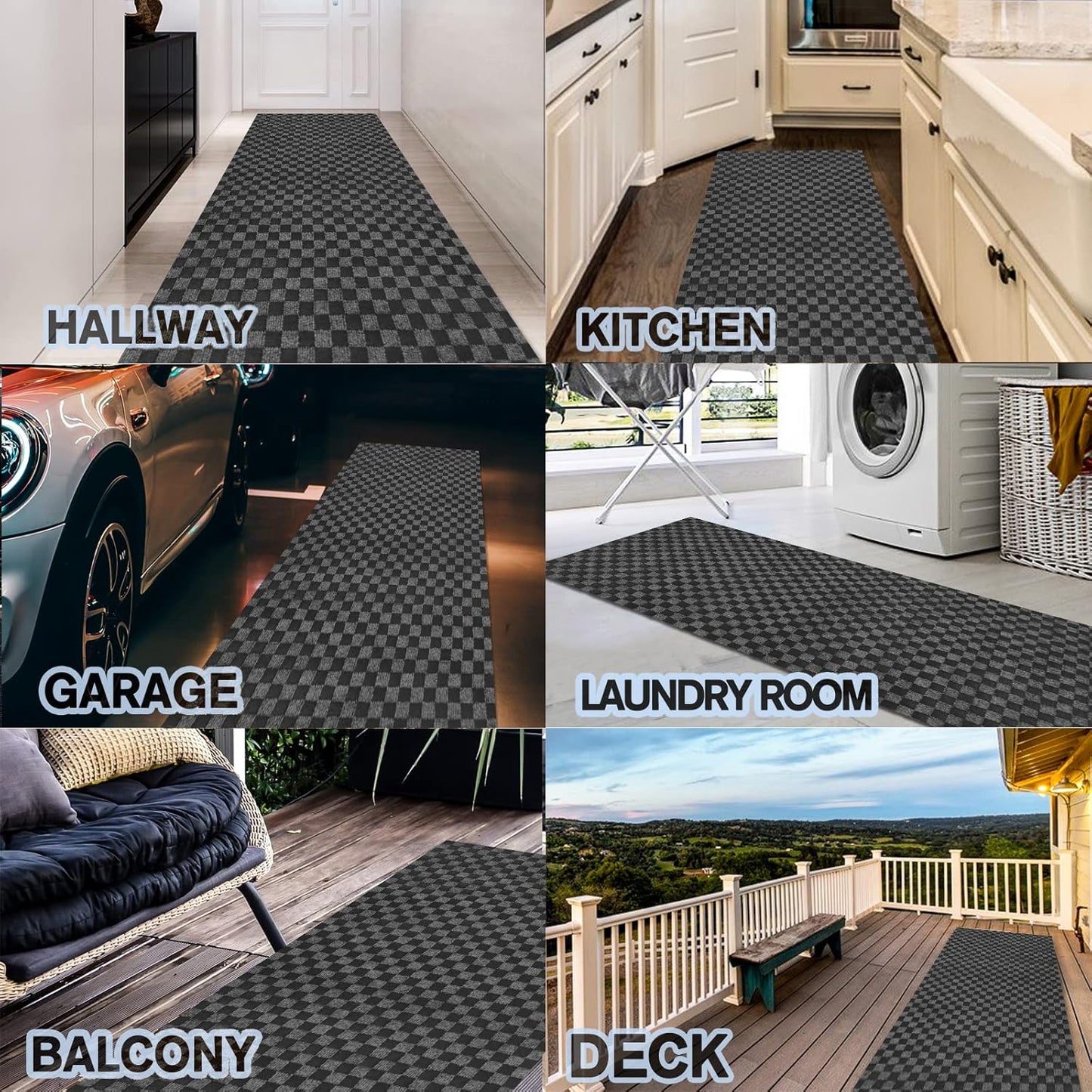 Custom Size Backed Non-Slip Area Rugs Runner, Easy Clean, Waterproof Runner Rugs for Hallway Entryway, Kitchen, Laundry, 3FT x 46FT, Gray Checkered